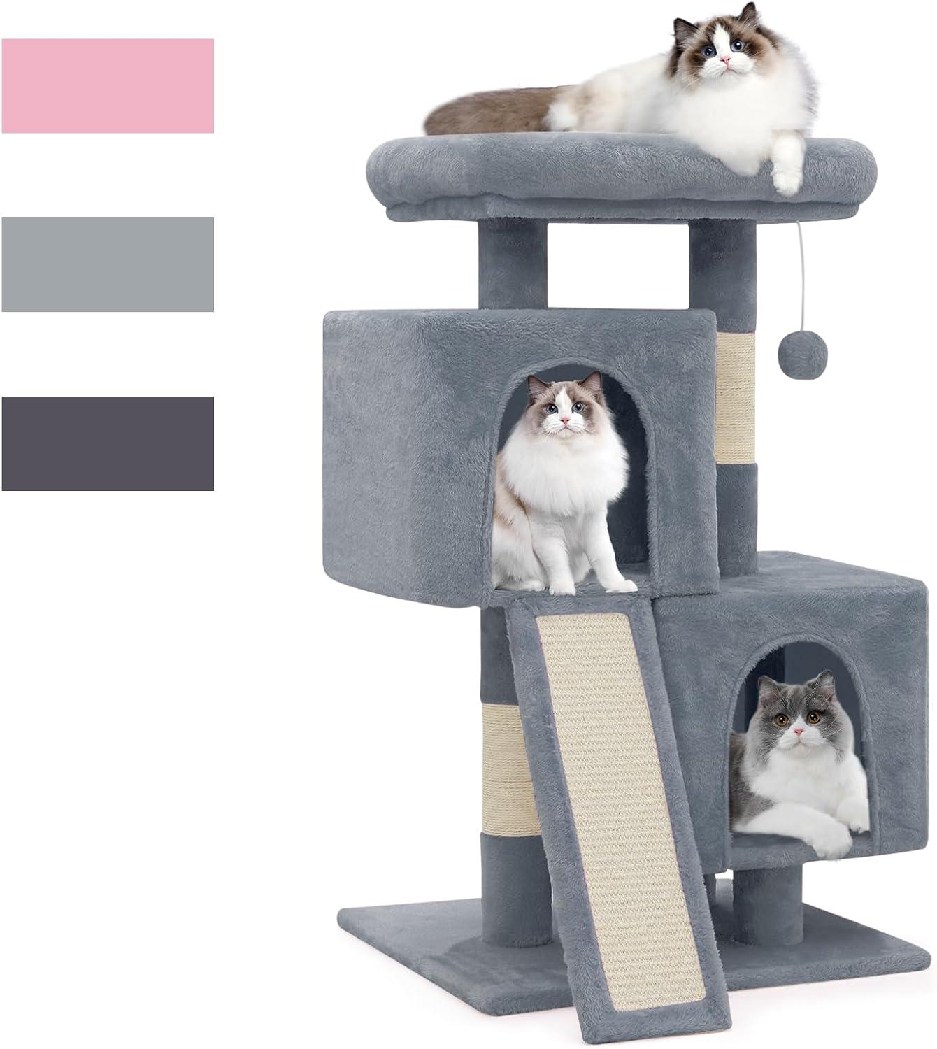 Magshion 34-in Cat Tree & Kittens Play House, Double Level Plush Cat Condo for Indoor Cats, Light Gray