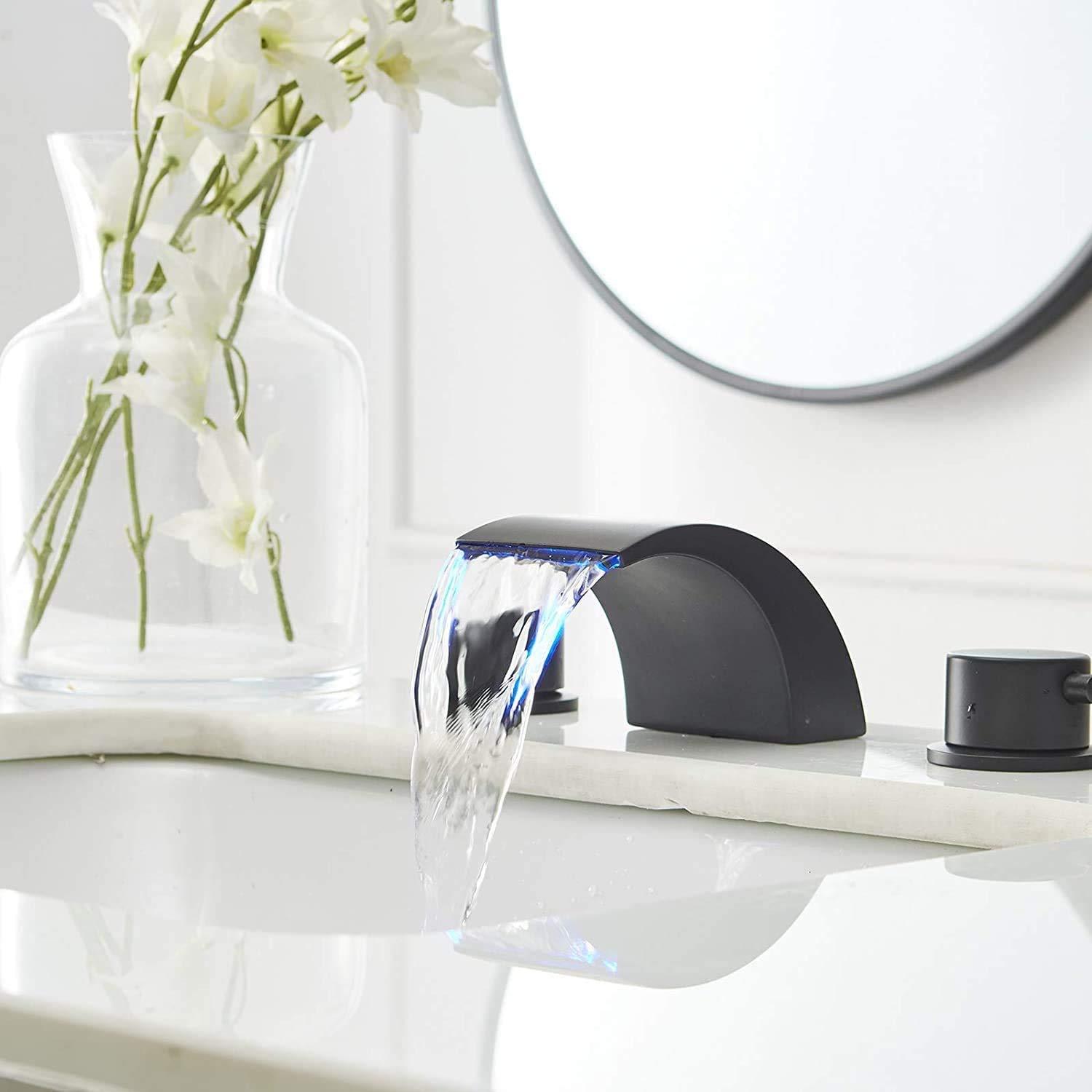 BWE 8 in. Widespread Waterfall Double Handle Three Holes Bathroom Faucet With Led Light in Black