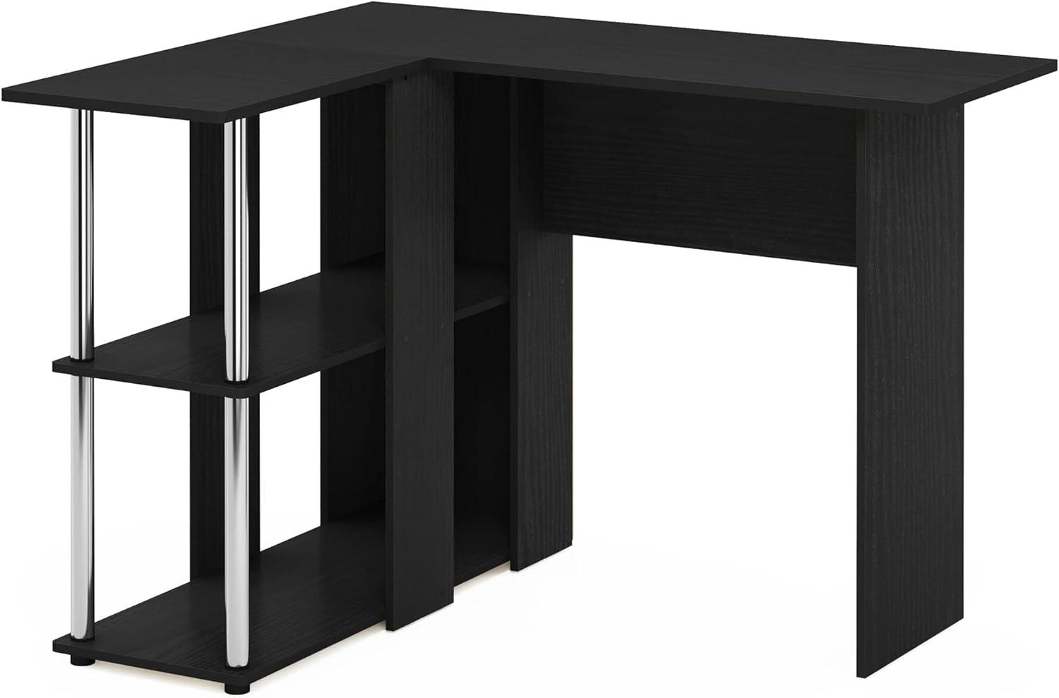 Furinno Abbott L-Shape Desk with Bookshelf, Americano, Stainless Steel Tubes