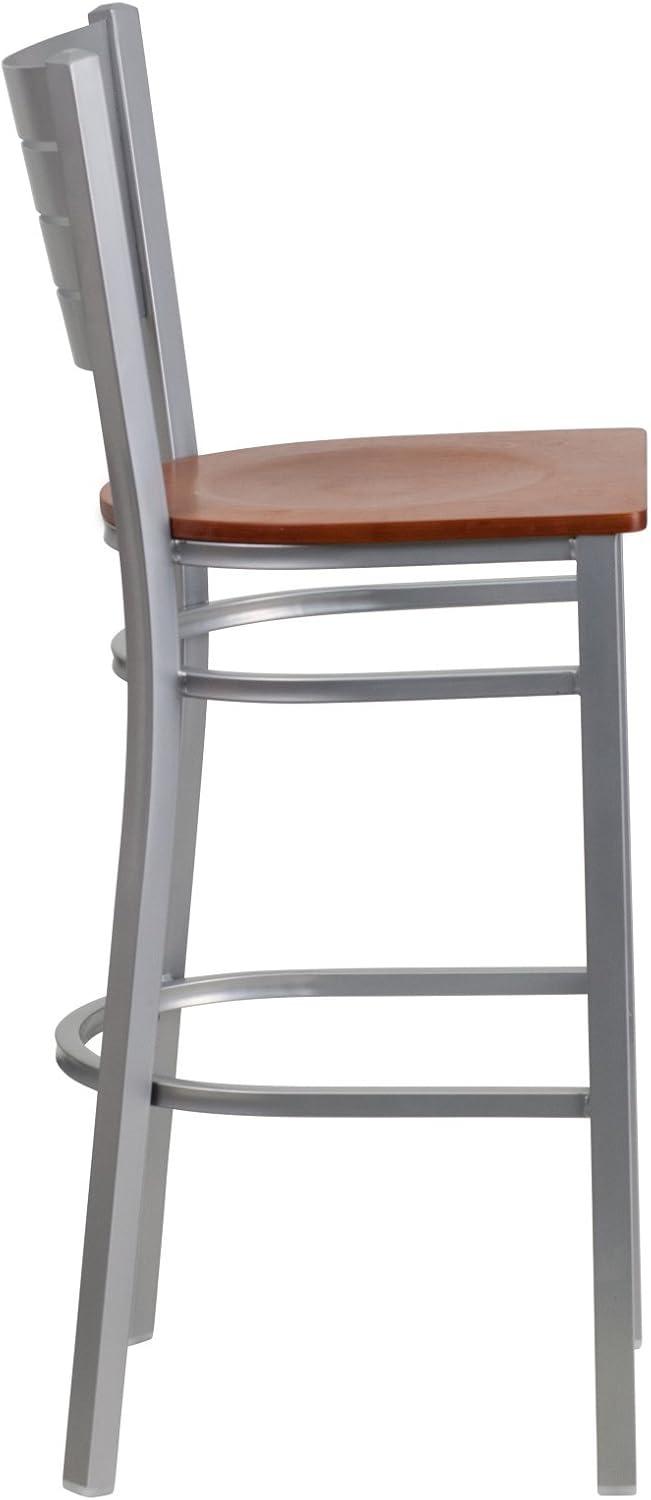 Sleek Silver Metal and Mahogany Wood Slat Back Barstool