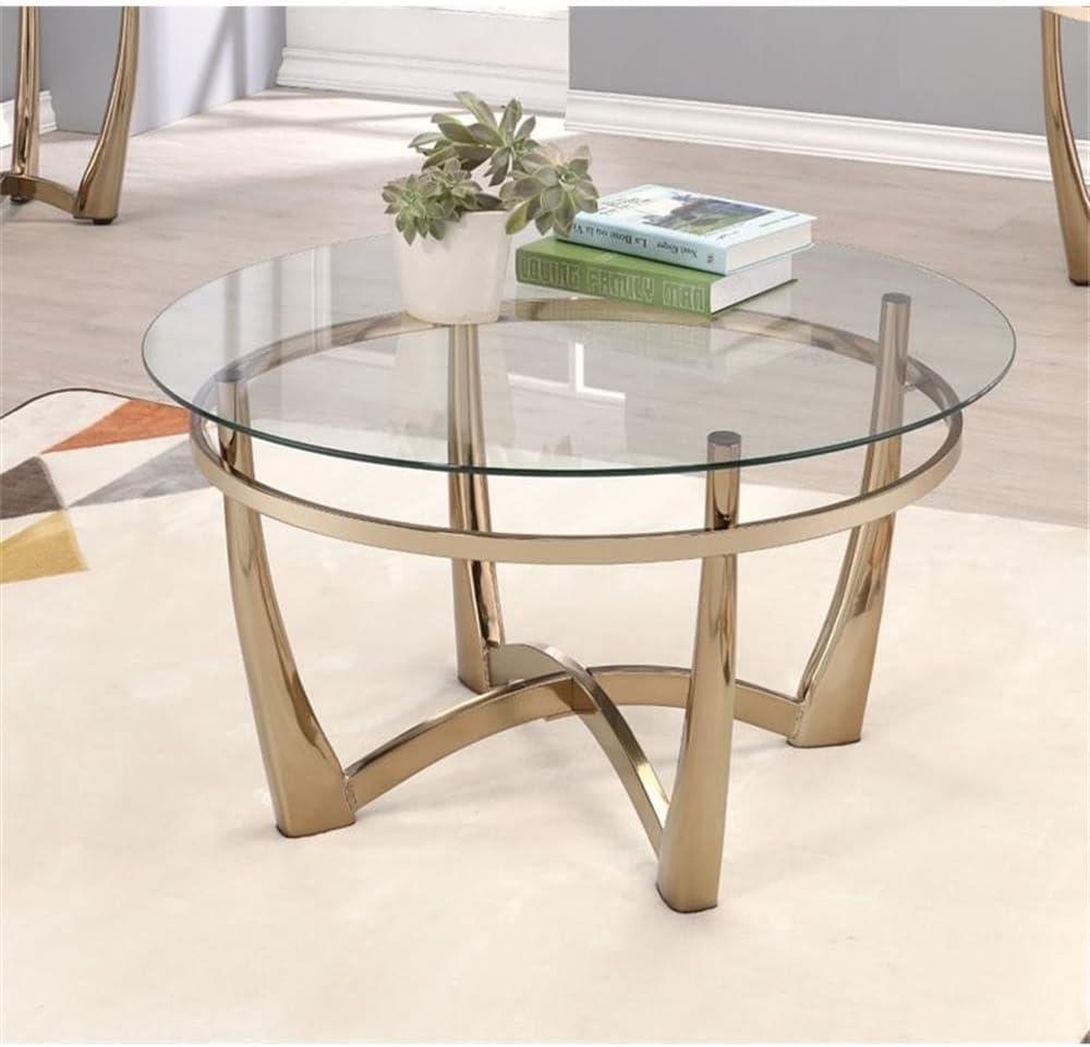 Glass Round End Table With Metal Base Champagne And Clear Glass - Saltoro Sherpi