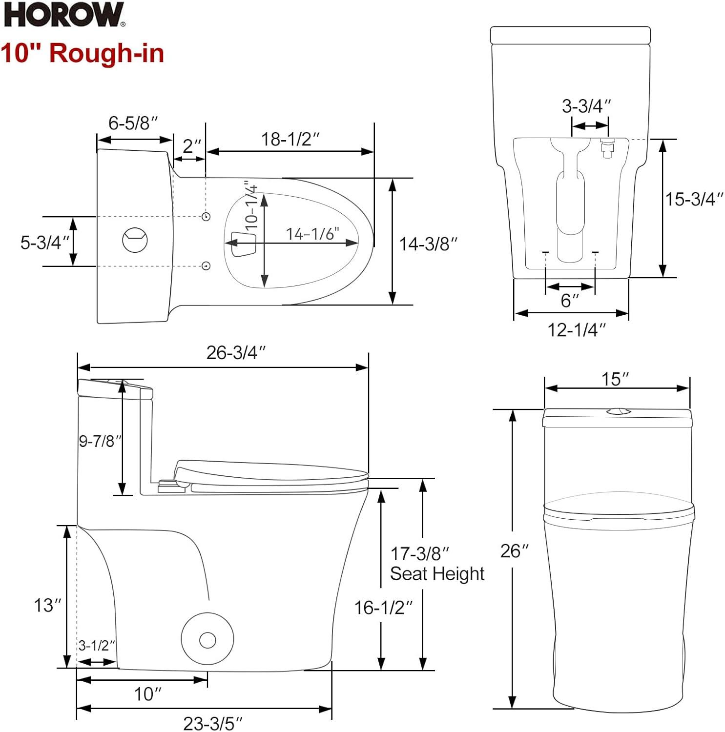 HOROW T0338W One Piece Toilet 10" Rough-in, Elongated Toilet with Comfortable Seat Height, ADA Chair Height 17.3", Dual Flush 0.8/1.28 GPF & MAP 1000g, Standard White Toilet Bowl, Space Saver Design