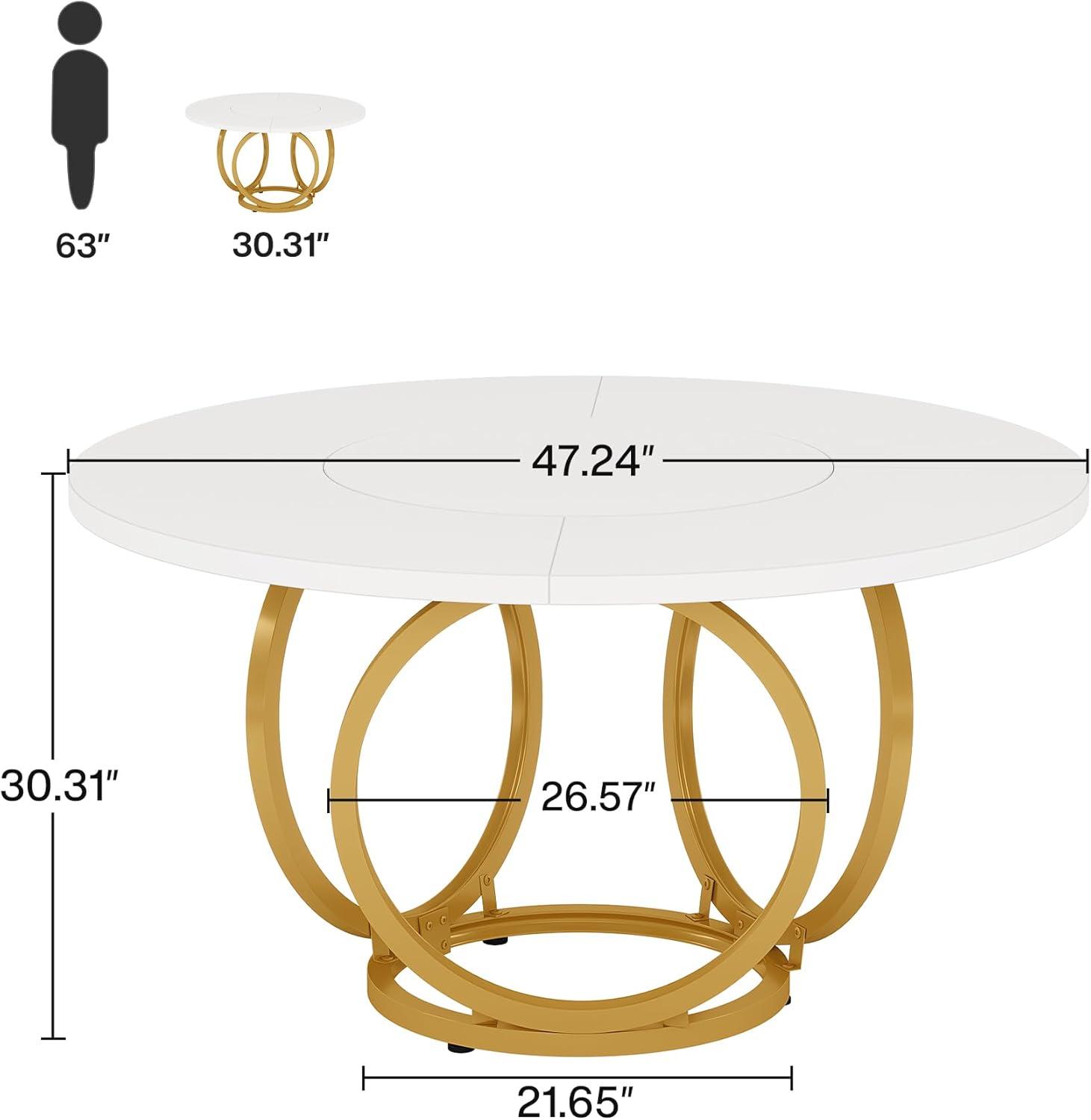 47 inch Dining Table for Dining Room, 4 People Round Dinner Table white & Gold