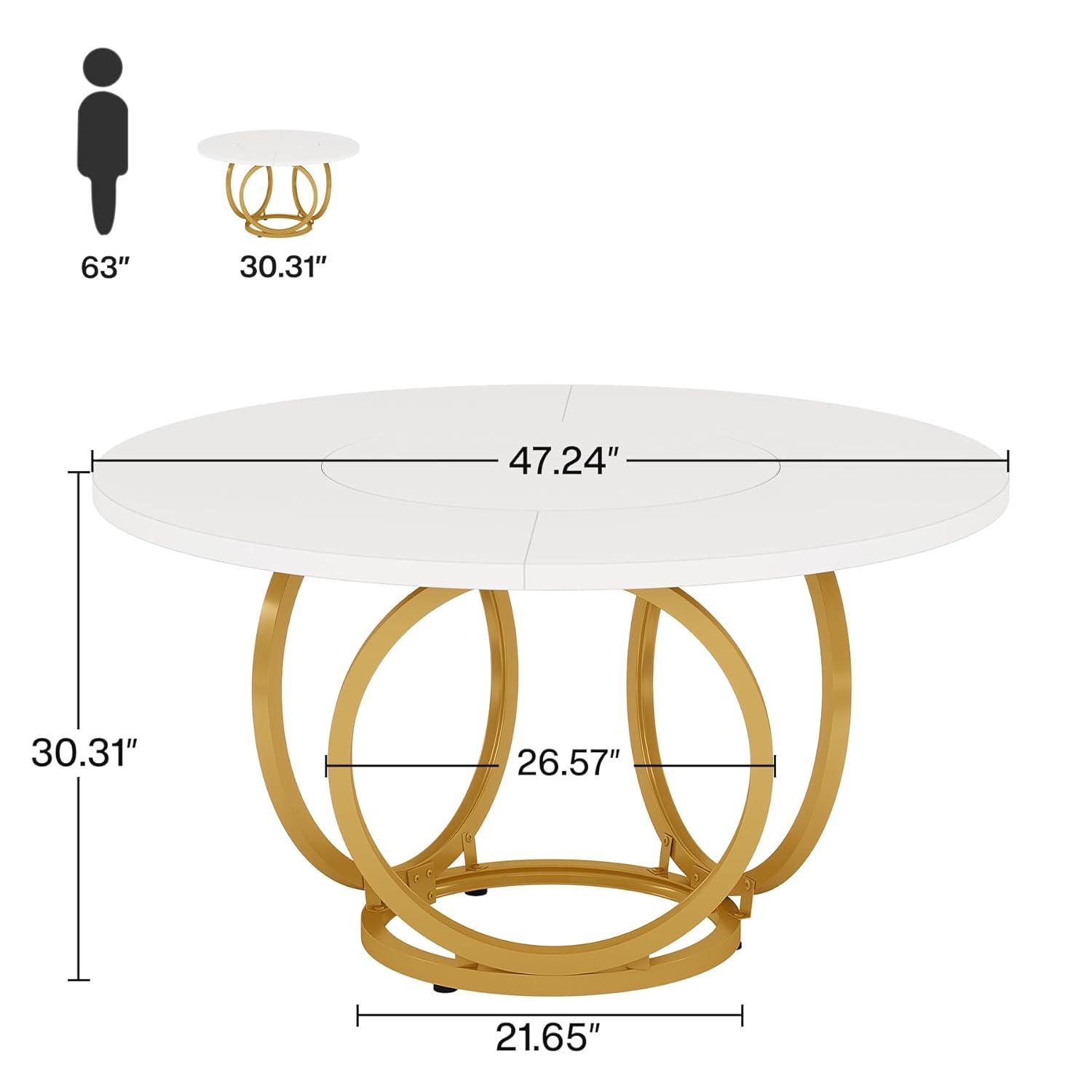 47 inch Dining Table for Dining Room, 4 People Round Dinner Table white & Gold