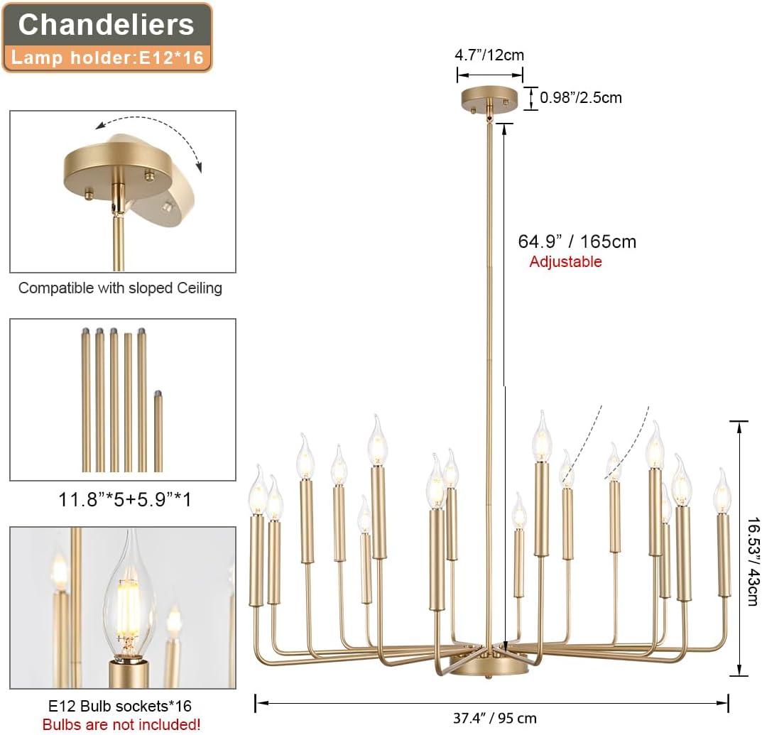 Farmhouse Gold Chandeliers for Dining Room, 16-Light Modern Candle Chandelier Light Fixture, Rustic Industrial Metal Chandeliers for Living Room, Kitchen, Staircase, Entryway, Foyer