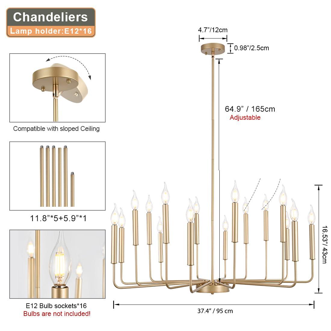 Farmhouse Gold Chandeliers for Dining Room, 16-Light Modern Candle Chandelier Light Fixture, Rustic Industrial Metal Chandeliers for Living Room, Kitchen, Staircase, Entryway, Foyer