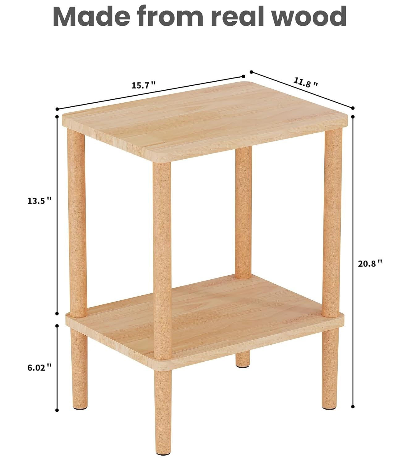 LUCKNOCK Solid Wood Side Table, 2-Tier Small End Table with Storage Shelf, Narrow Nightstand Bedside Table for Small Spaces, Bedroom, Living Room, Farmhouse, No-Tool Assembly.