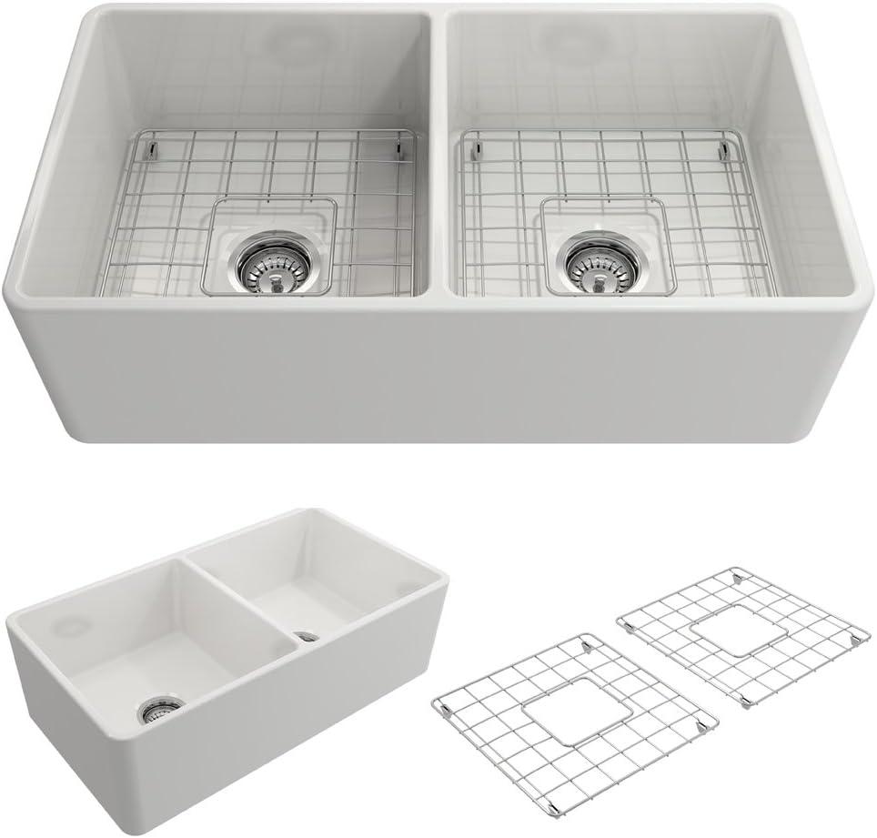 33'' White Fireclay Double Bowl Farmhouse Sink