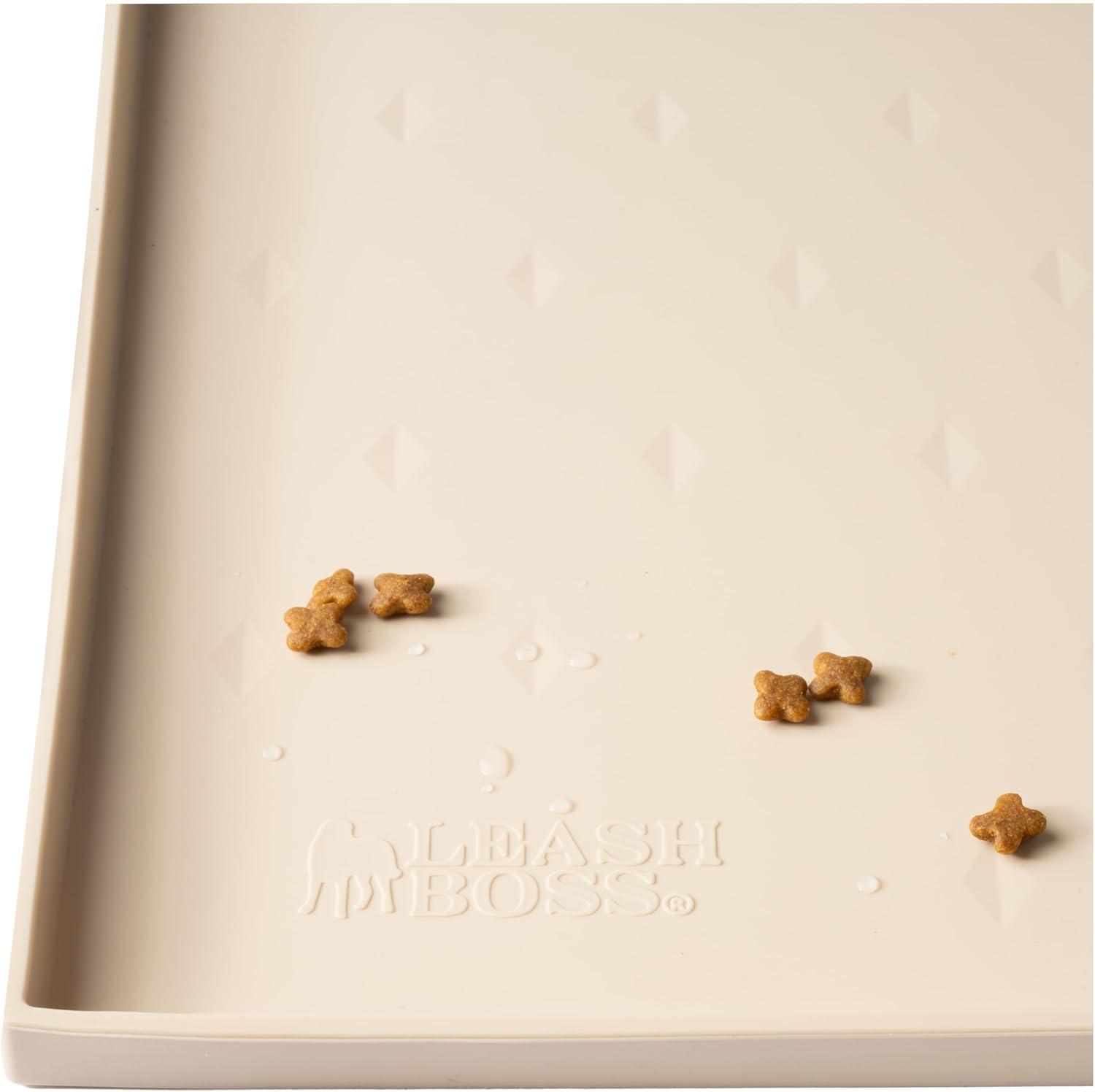 Leashboss Splash Mat Dog Food Silicone Tray with Tall Lip, for Pet Food and Water Bowls - Beige - M/L