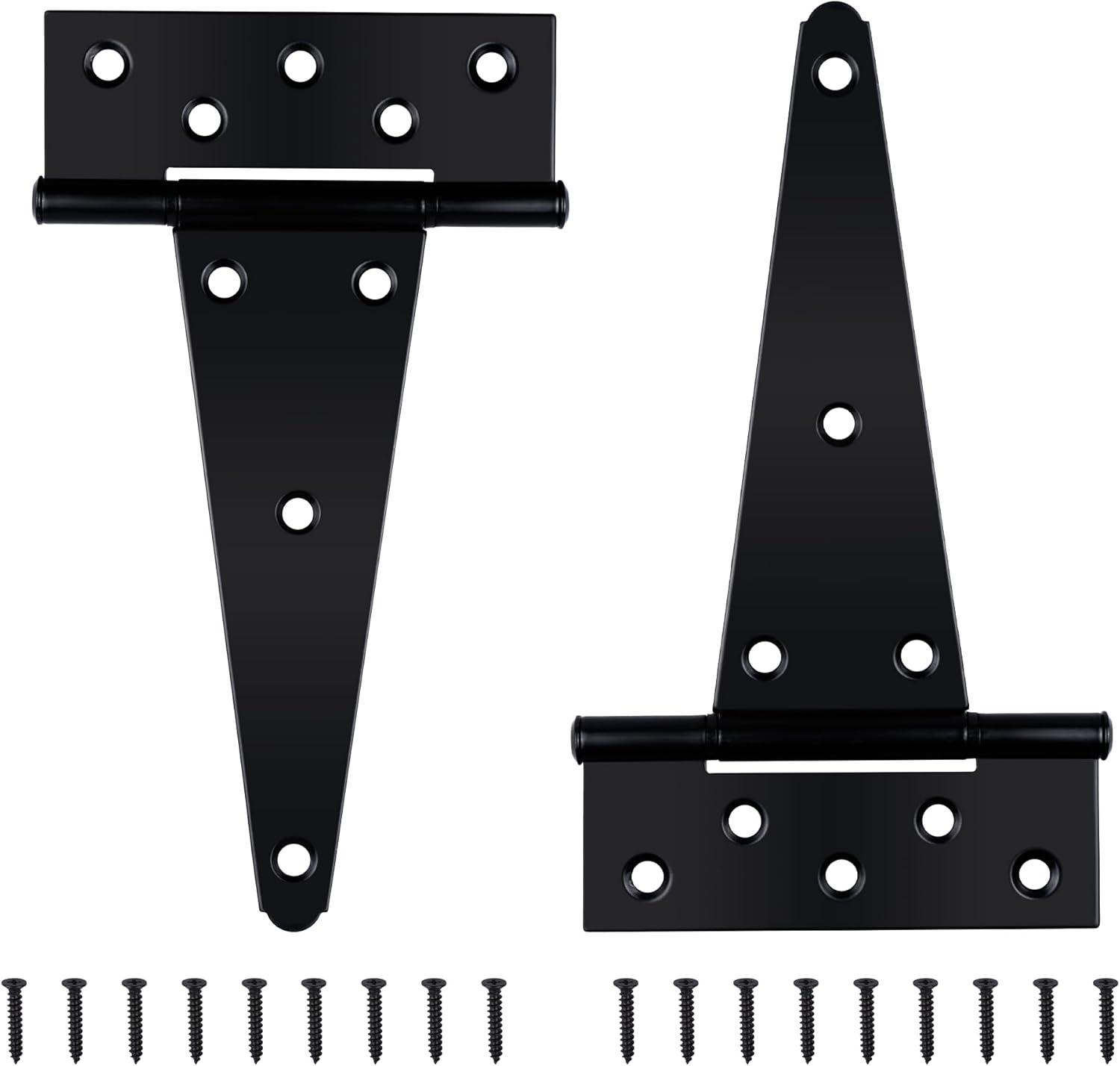 2PCS 8 Inches T Shape Rustproof Iron Light Duty Shed Hinge Gate Strap Hinge Door Gates Hinges (Black)