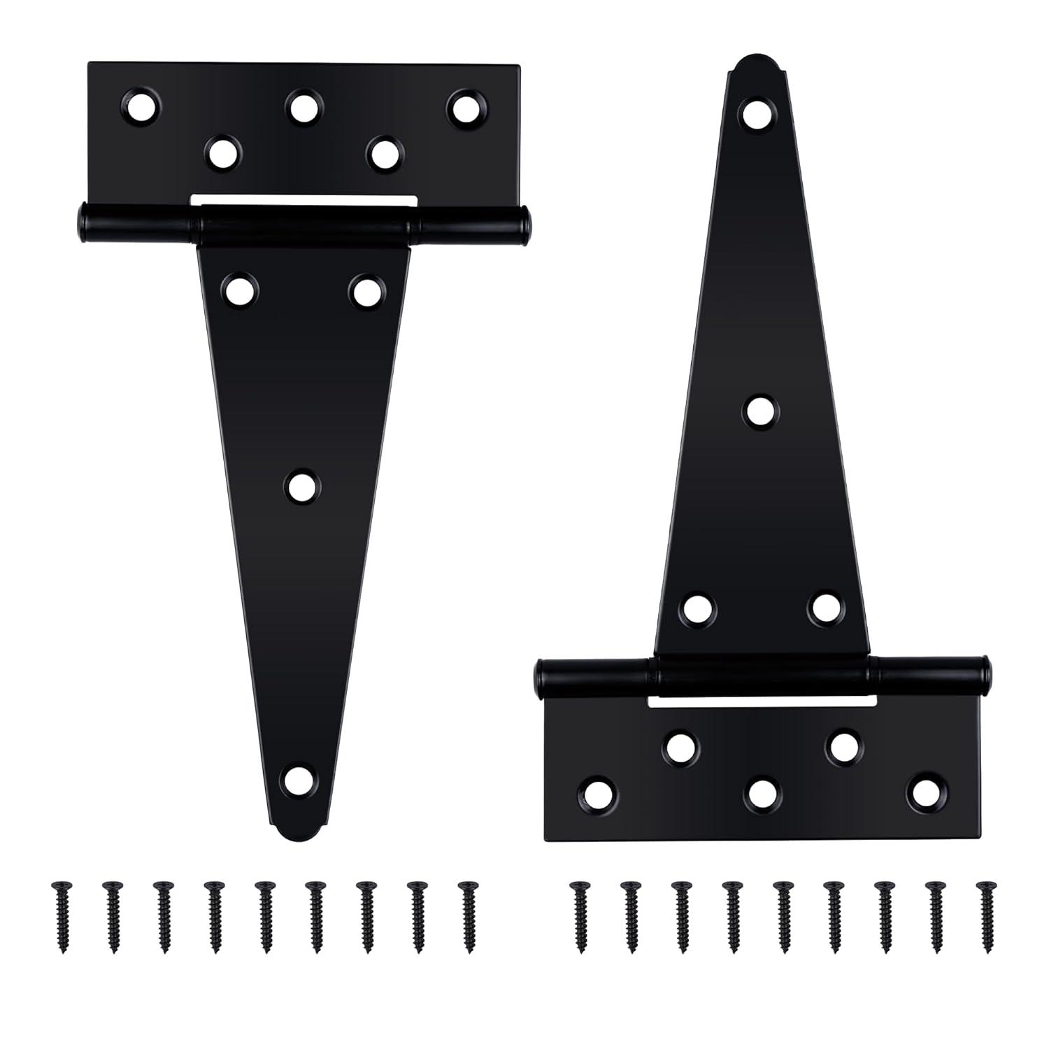 2PCS 8 Inches T Shape Rustproof Iron Light Duty Shed Hinge Gate Strap Hinge Door Gates Hinges (Black)