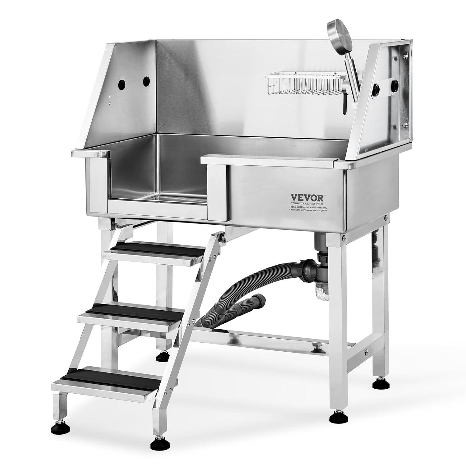 VEVOR 34" Pet Dog Bathing Station w/Ramp, Professional Stainless Steel Dog Grooming Tub w/Storage Drawer, Faucet,Rich Accessory, Dog Bathtub for Large,Medium,Small Pets, Washing Sink for Home(Left)