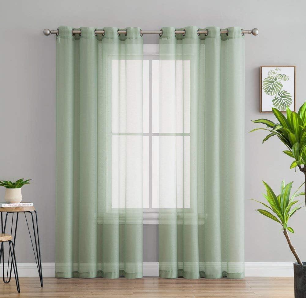 HLC.ME Semi Sheer Voile Light Filtering Transparent Window Curtain Grommet Panels - Set of 2 - Sage, 54 W x 95 L