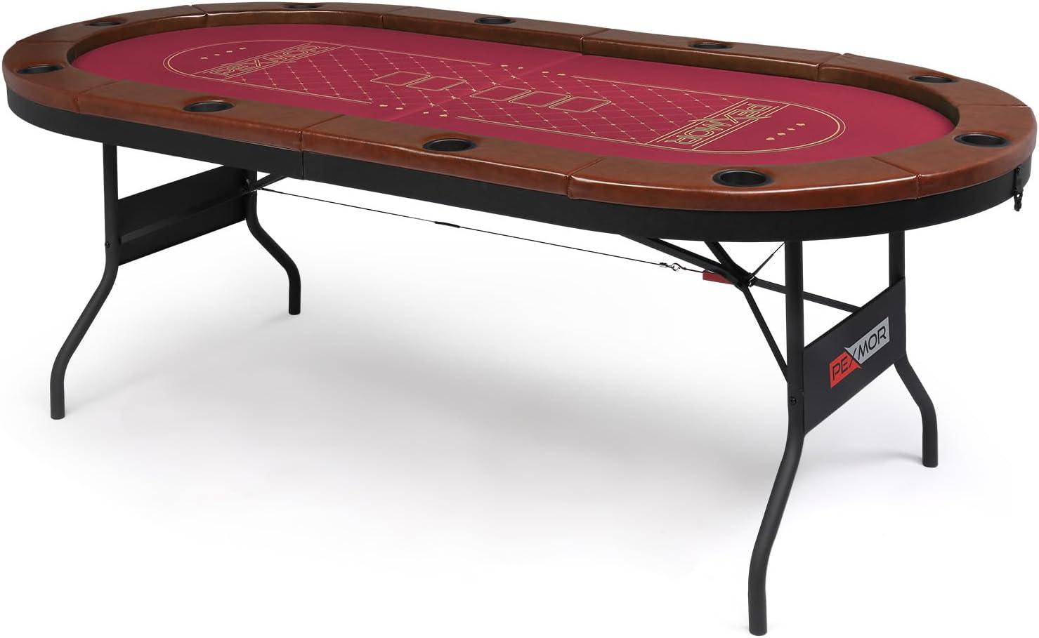 Red 10-Player Foldable Poker Table with Cup Holders and Padded Rails