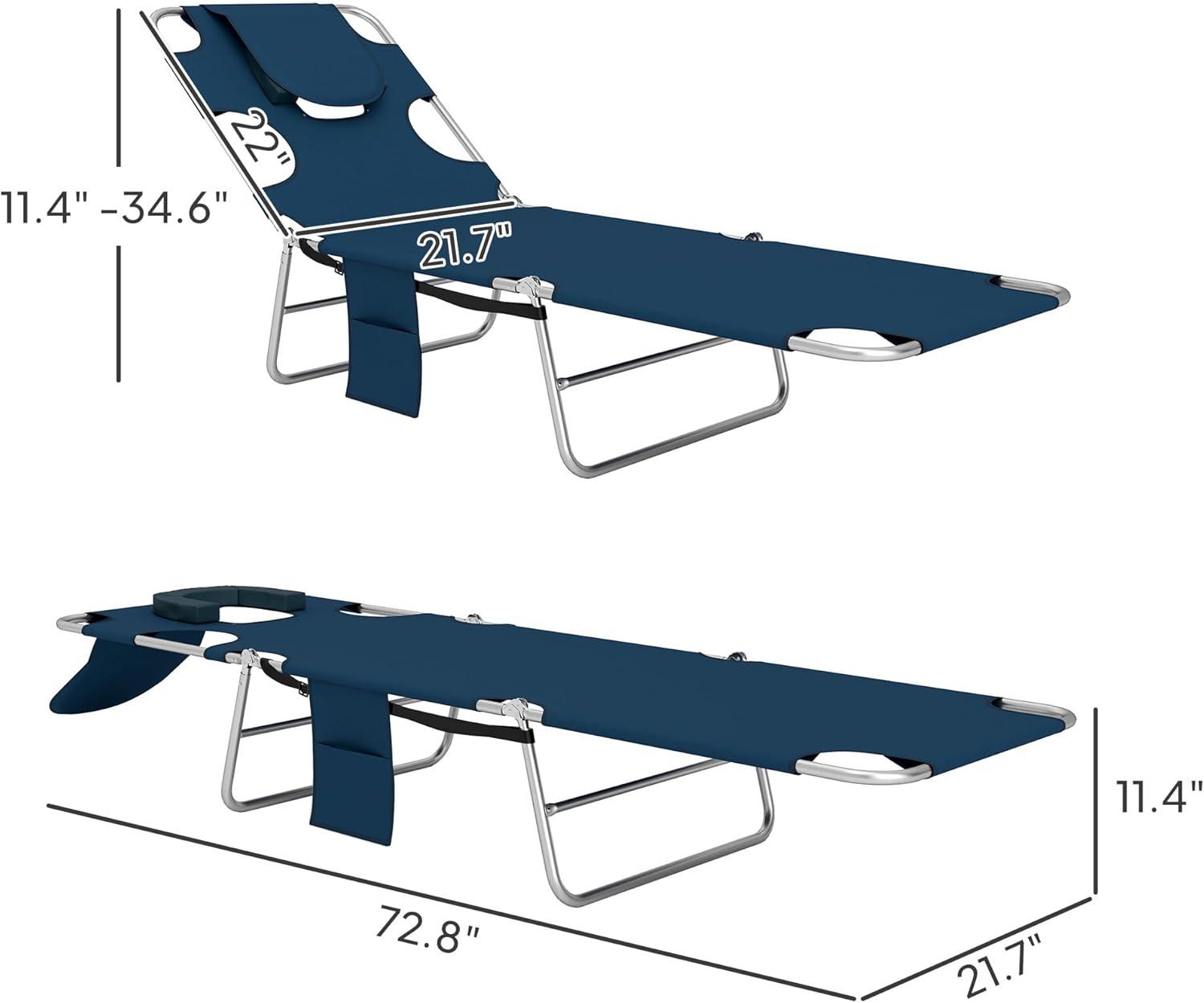 Outsunny Folding Beach Lounge Chair with Face Hole and Arm Slots, 5-Level Adjustable Sun Lounger Tanning Chair with Pillow for Patio, Garden, Beach, Pool, Dark Blue
