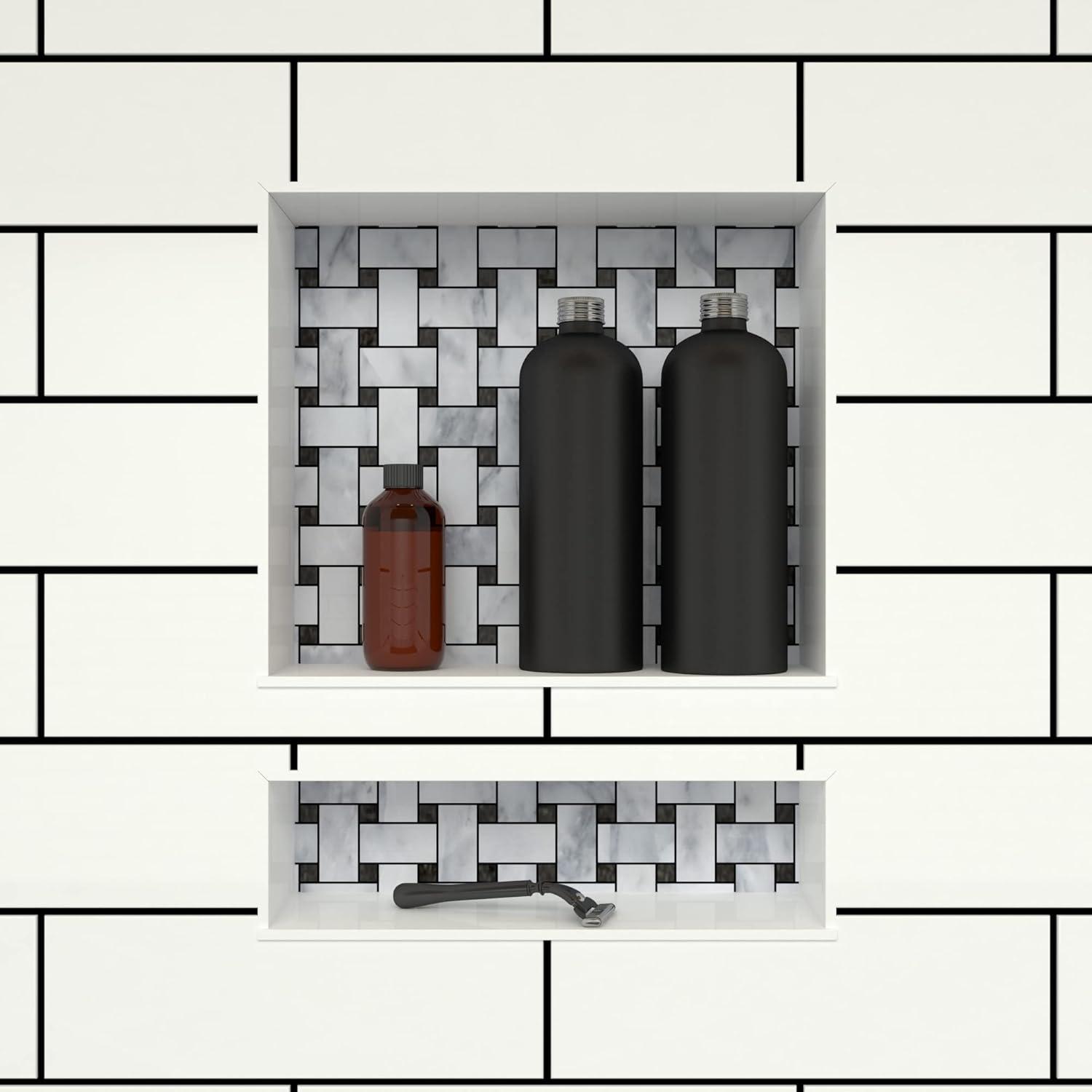 Black Plastic Double Recessed Shower Shelf with Divider