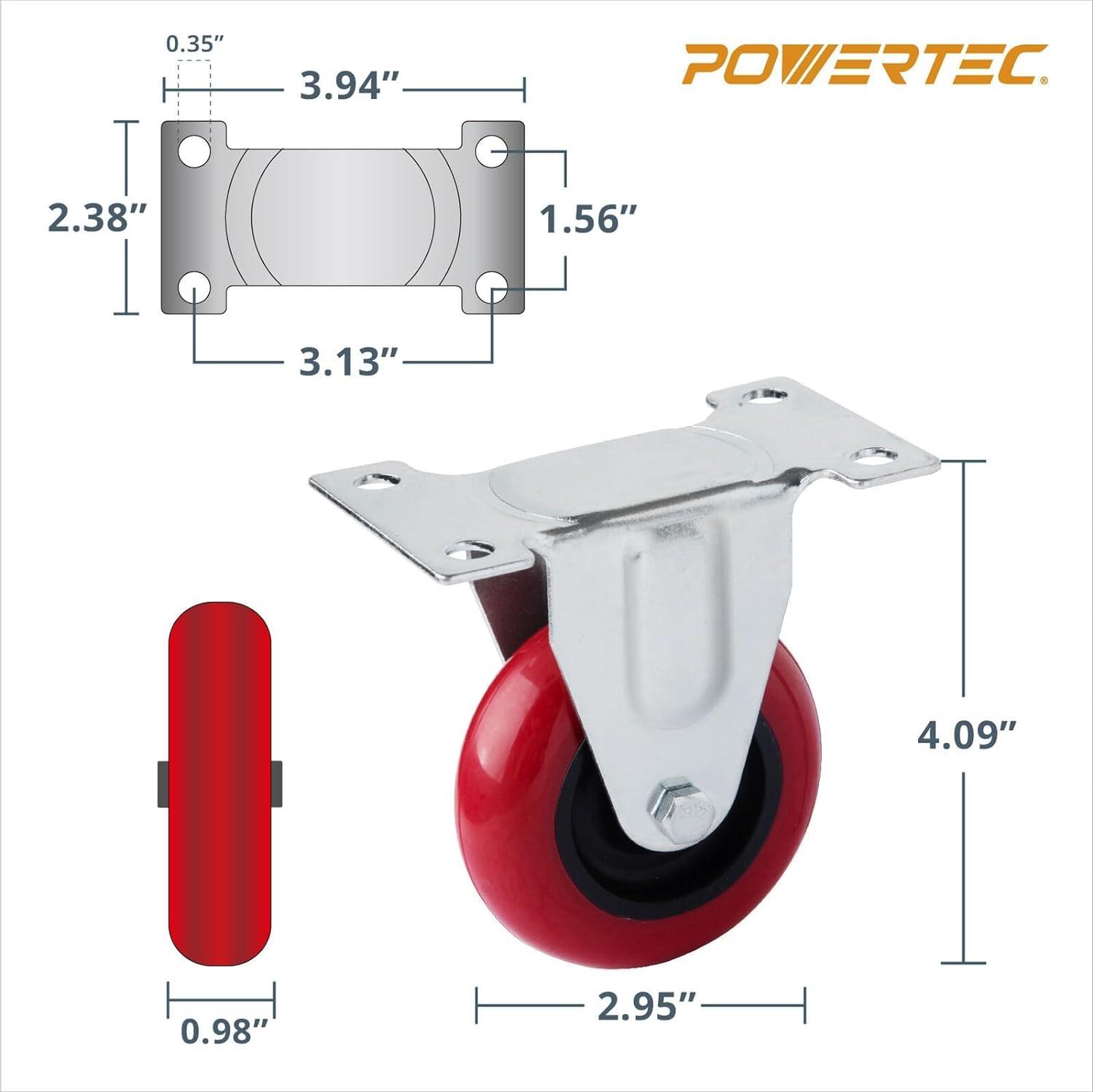 POWERTEC 3-Inch Red Polyurethane Rigid Plate Casters, Set of 4