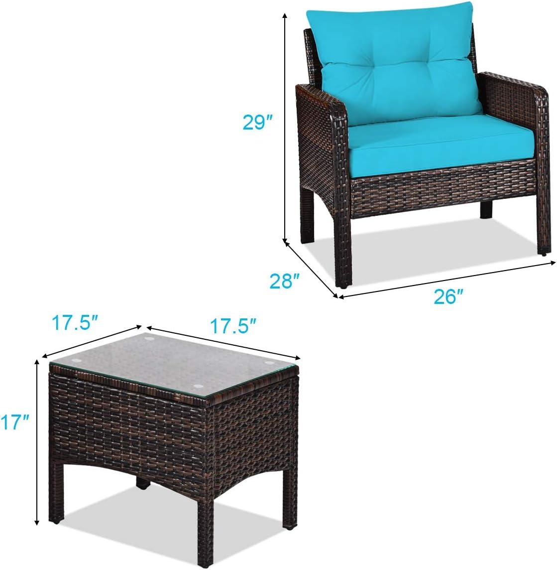 YYAo Garden Conversation Table Set, Conversation Loveseat Chairs Set, 3 Pcs Outdoor Patio Rattan Conversation Set with Seat Cushions-Turquoise