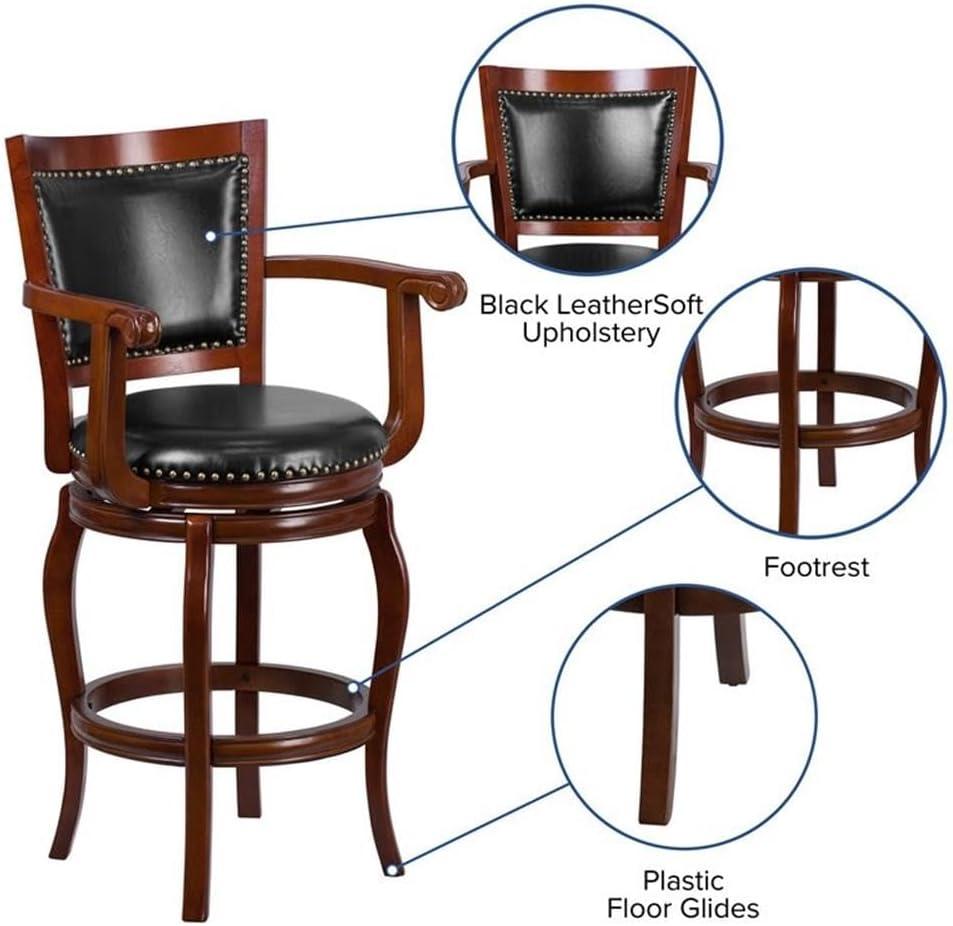 Flash Furniture Vestina 30" LeatherSoft Ladder Back Barstool with Footrest and Arms, Cherry Wood/Black