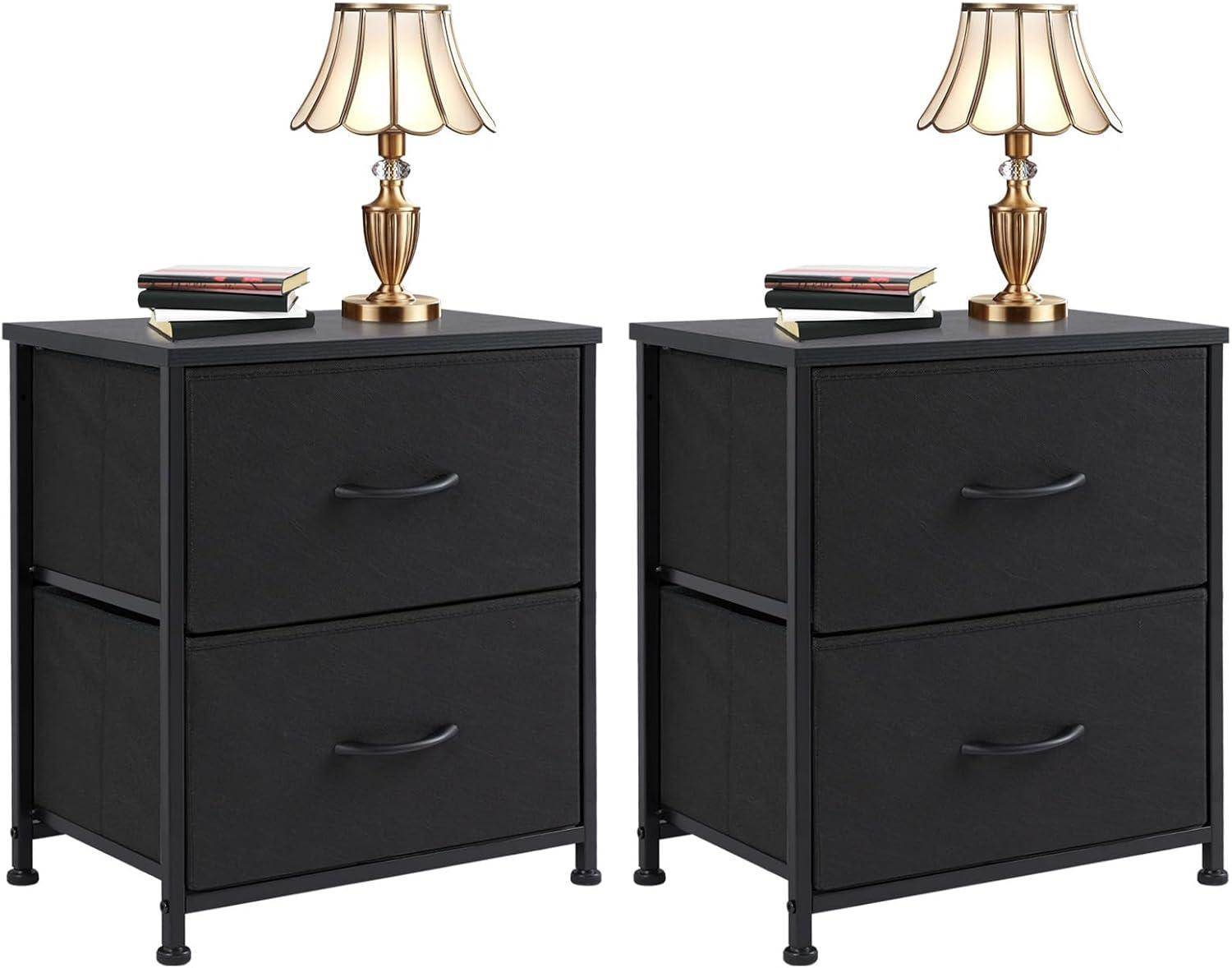 Black Fabric and Wood 2-Drawer Nightstand Set