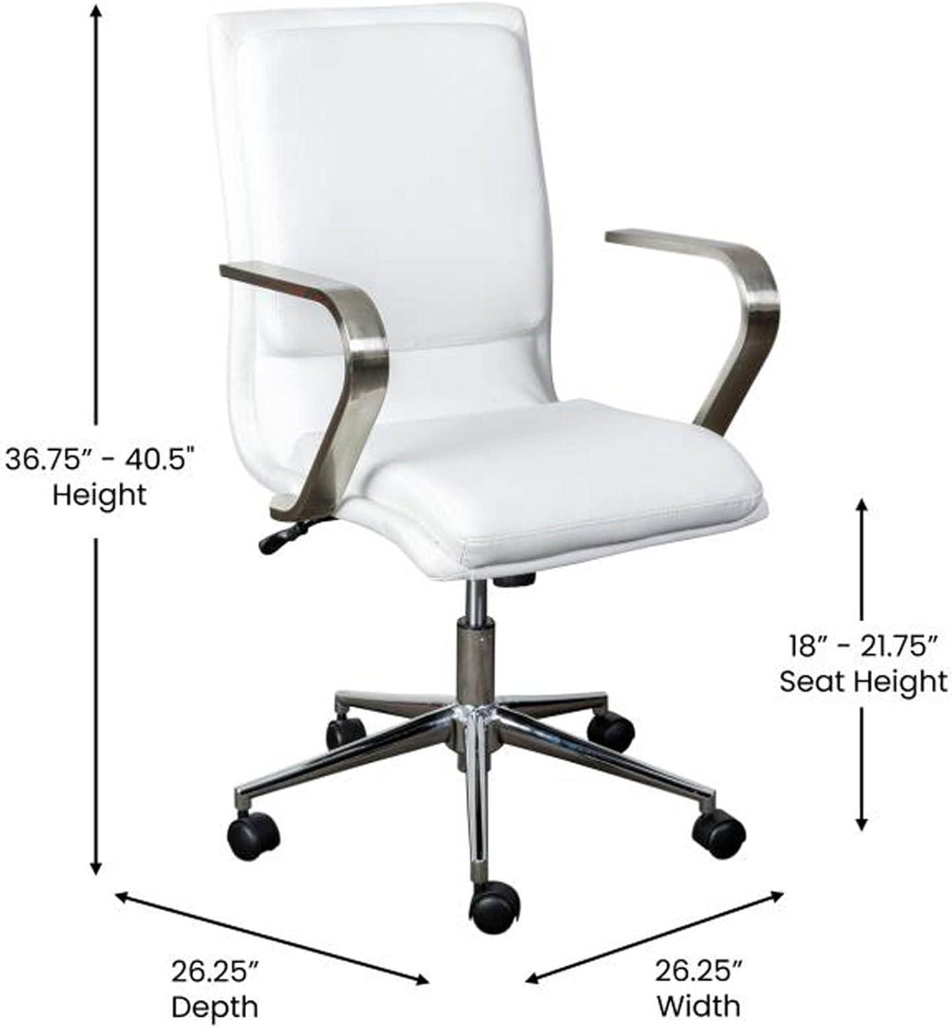 Flash Furniture James Mid-Back Designer Executive LeatherSoft Office Chair with Brushed Chrome Base and Arms, White