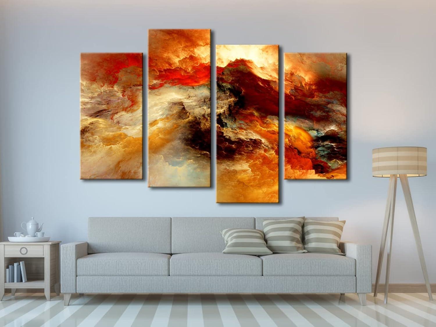 Pyradecor Large Canvas Prints Wall Art Colorful Clouds Landscape Pictures Paintings for Living Room Bedroom Home Decorations 4 Piece Modern Orange Abstract Stretched Artwork