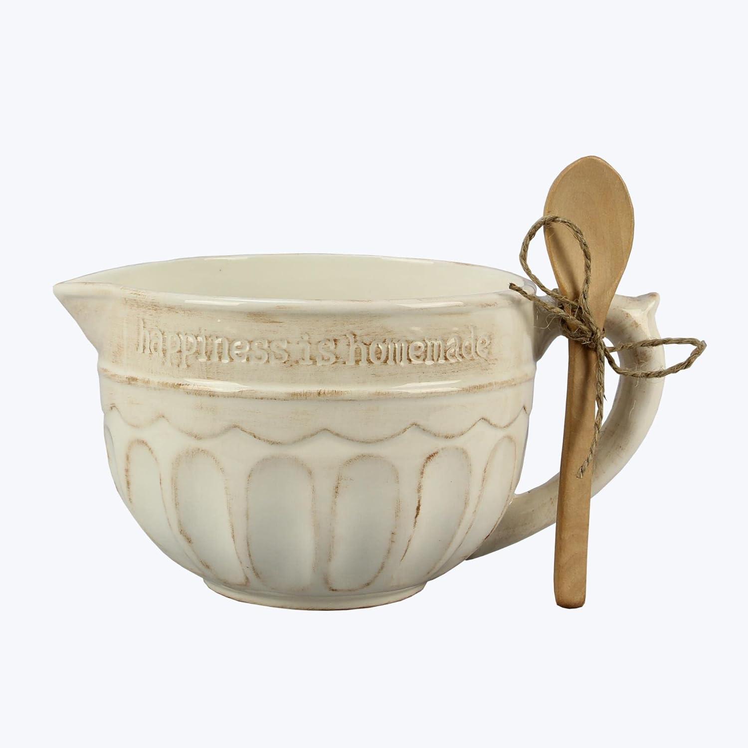 Cream Ceramic Mixing Bowl with Wooden Spoon and Handle