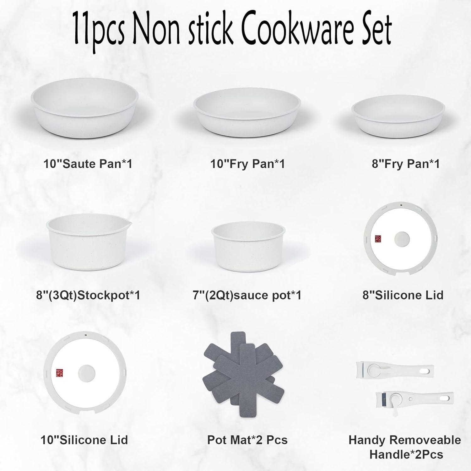 Carote Nonstick Cookware Sets, 11 Pcs Non Stick Pots and Pans Set with Removable Handle, White