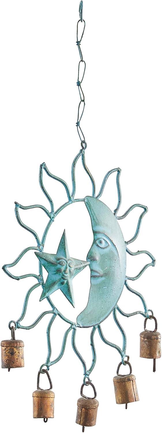 DecMode 13" Teal Metal Sun and Moon Windchime with Bells