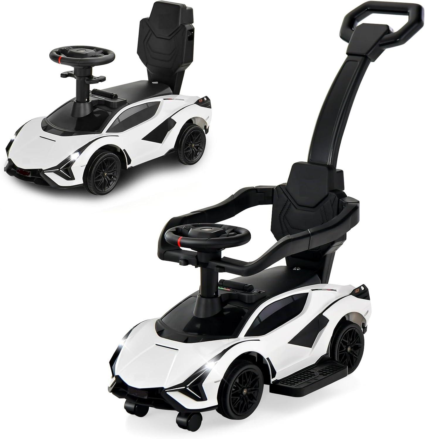 OLAKIDS 3 In 1 Ride on Push Car, Licensed Lamborghini Stroller Sliding Walking Car with Push Handle, Music, USB, Headlight, Under Seat Storage, Kids Foot-to-Floor Toy for 18-60 Months