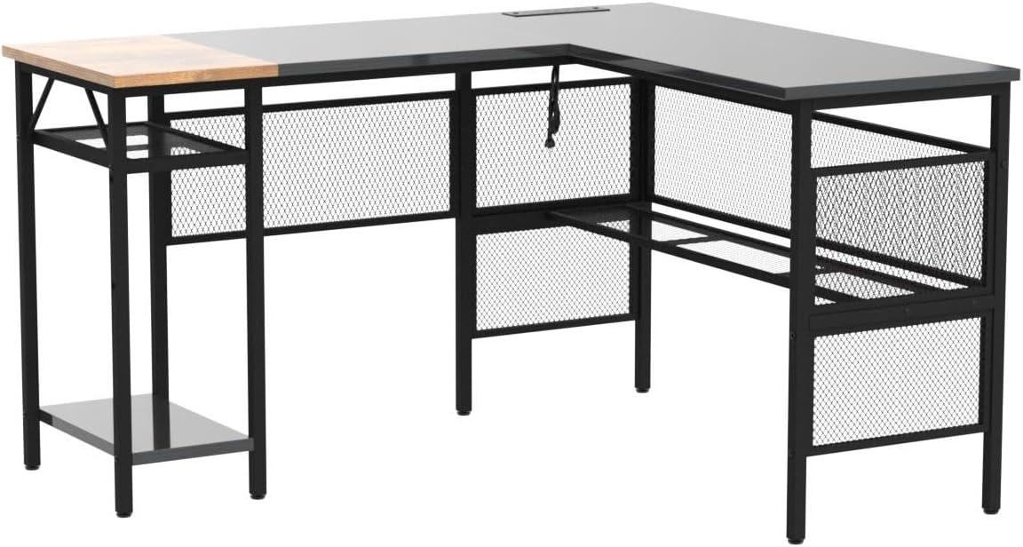 Black L-Shaped Computer Desk with Power Outlet and USB Port