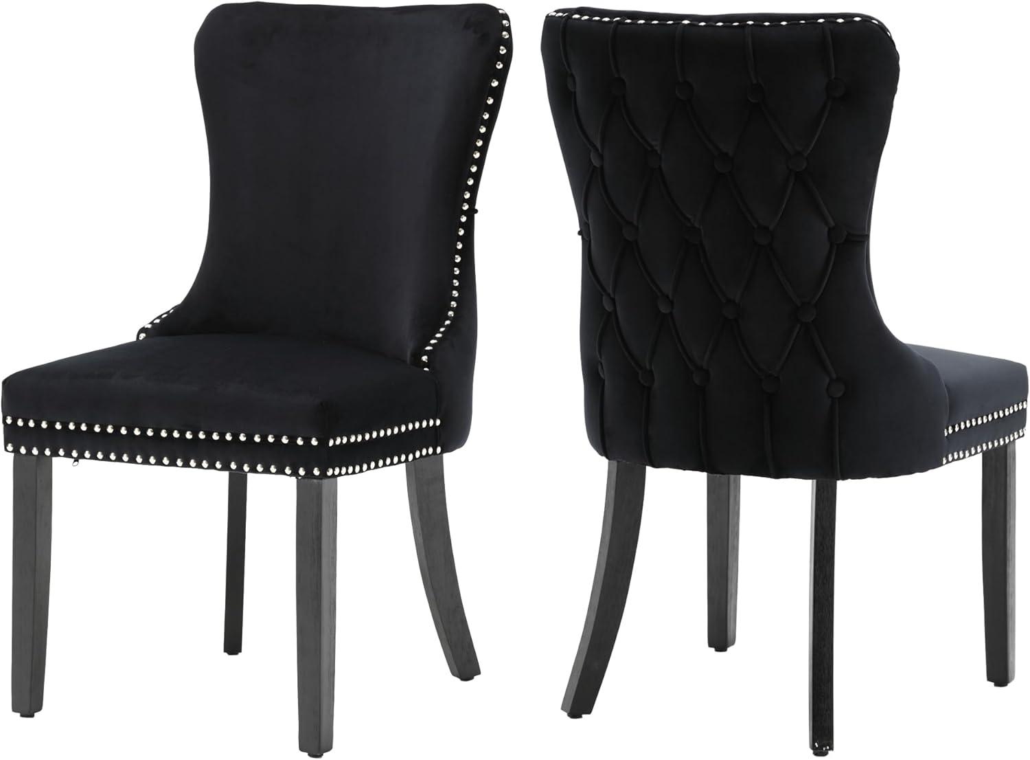 KCC Velvet Dining Chairs Set of 2, Upholstered High-end Tufted Dining Room Chair with Nailhead Back Ring Pull Trim Solid Wood Legs, Nikki Collection Modern Style for Kitchen, Black