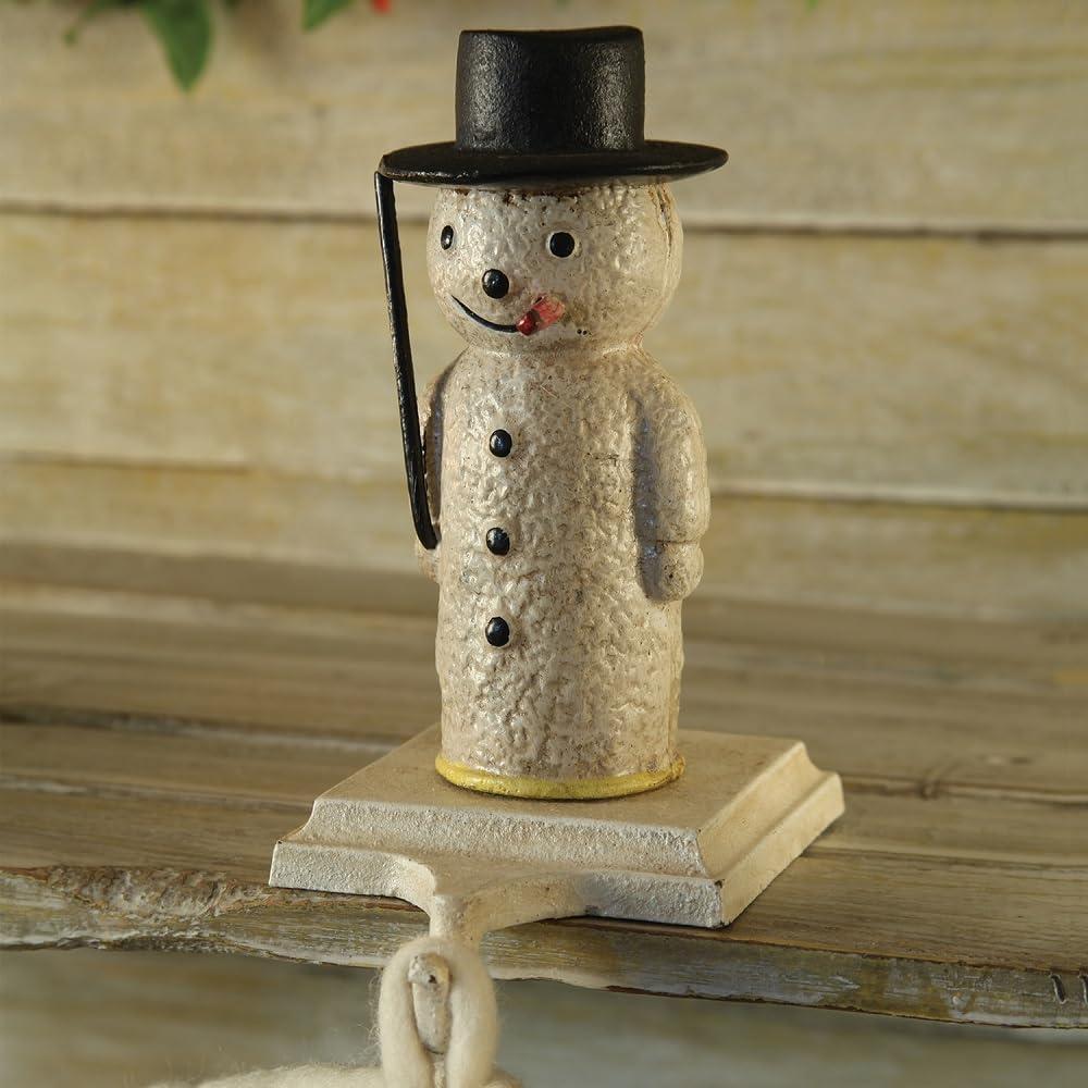 White Cast Iron Snowman Stocking Holder with Black Hat