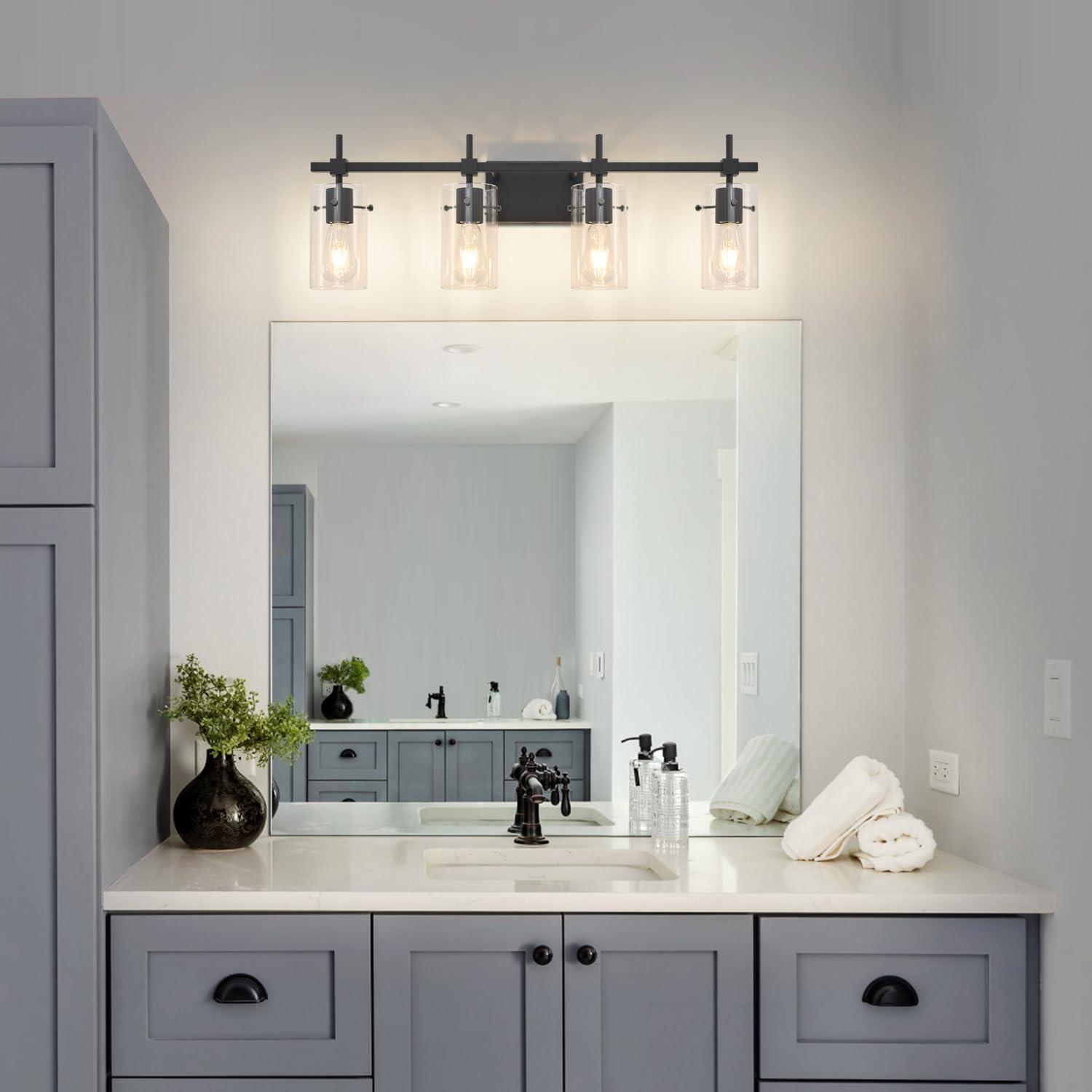 Black Metal and Glass 4-Light Bathroom Vanity Fixture