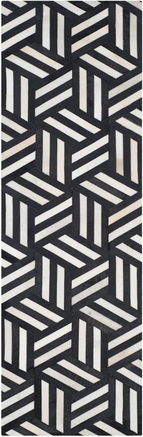 Ivory and Black Geometric Cowhide Area Rug, 8' x 10'