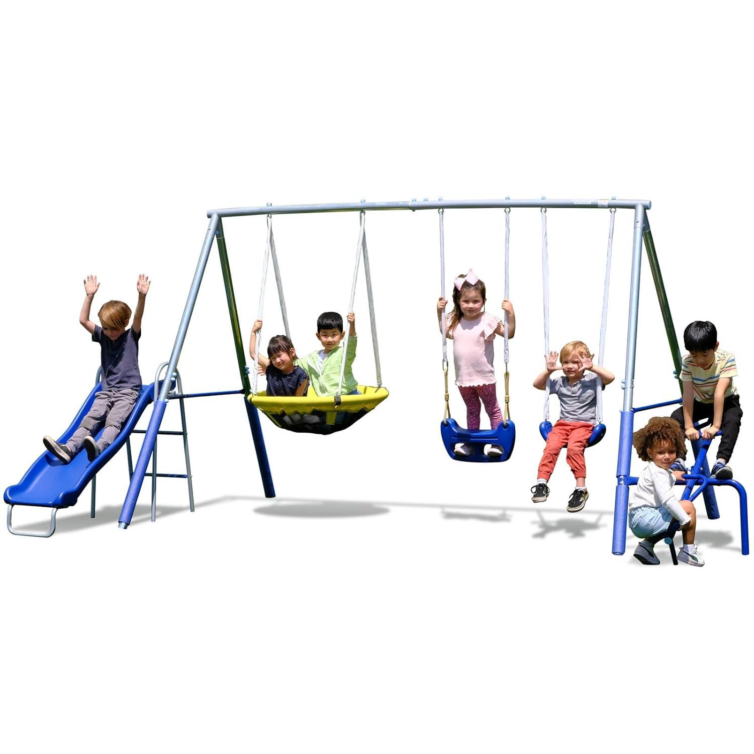 Sportspower Sportspower Taylor Galvanized Metal Swing Set With Blow Molded Swing, Standing Swing, 2 Person Teeter Totter, 32" Saucer Swing, And 5' Slide, Bonus 4pc Anchor Kit Included