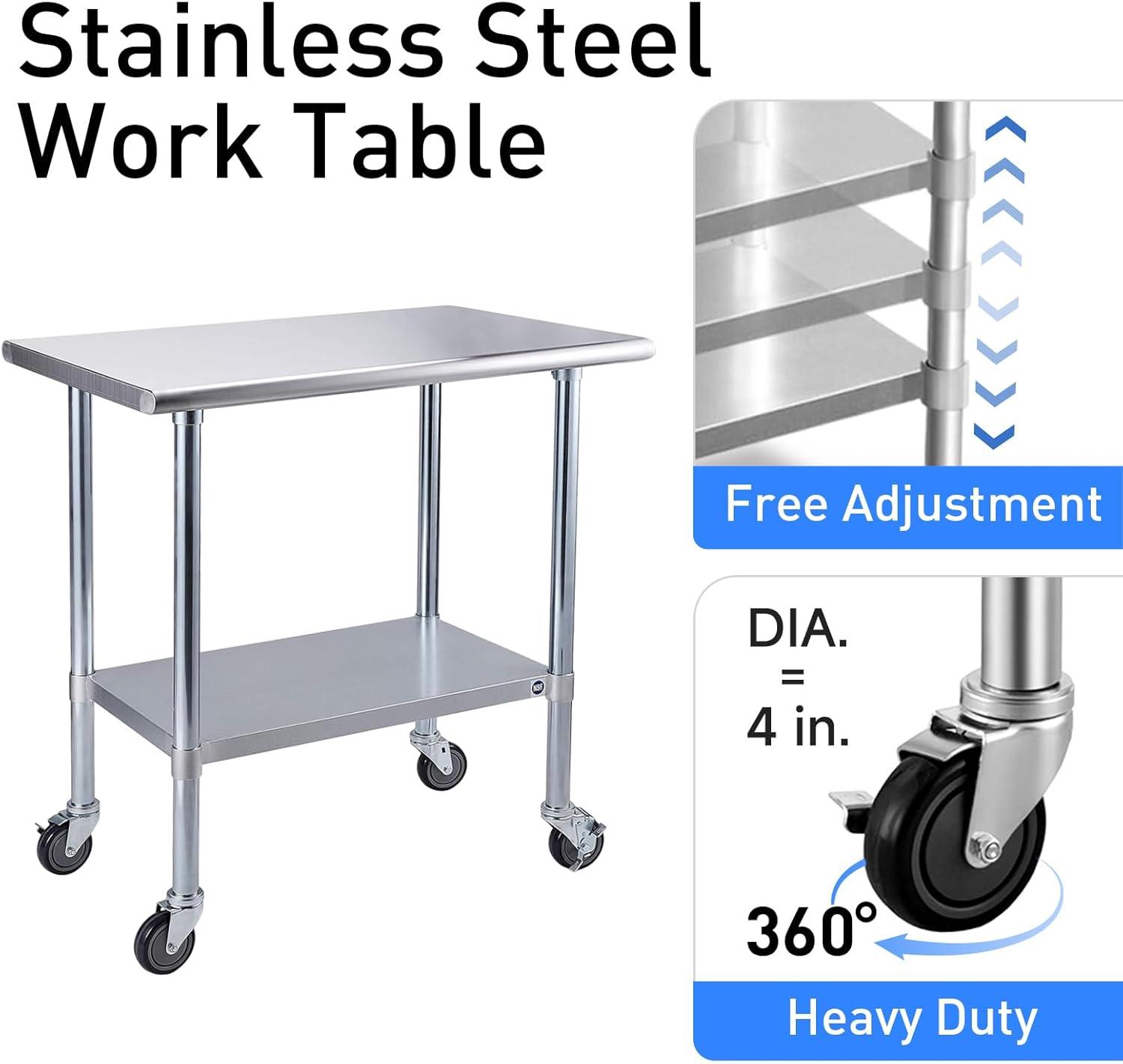 36"x24" Stainless Steel Kitchen Work Prep Table Commercial Workbench With Wheels