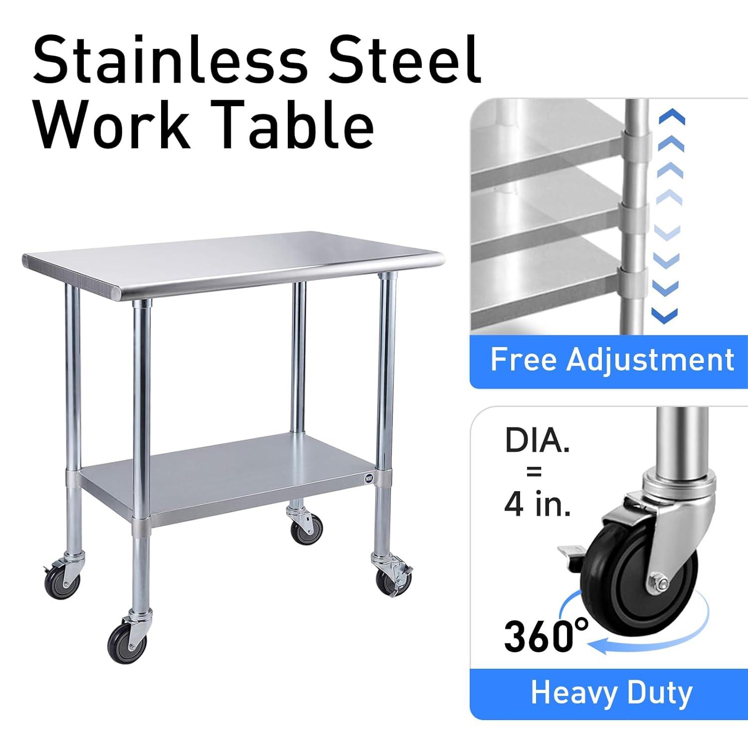 36"x24" Stainless Steel Kitchen Work Prep Table Commercial Workbench With Wheels