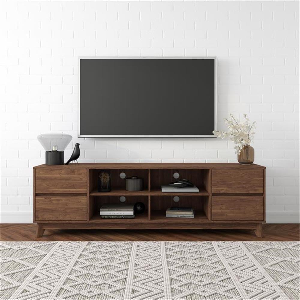 Hollywood Wood Grain TV Stand for TVs up to 85" with Drawers Brown - CorLiving: Mid-Century Modern Media Console