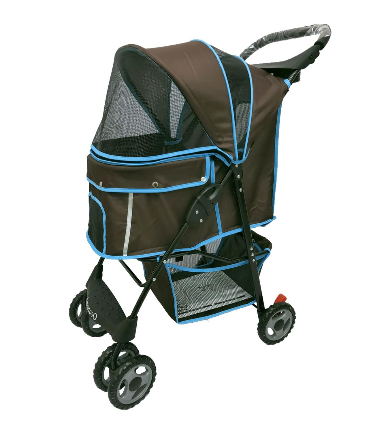 Brown and Turquoise Foldable Pet Stroller with Storage Basket