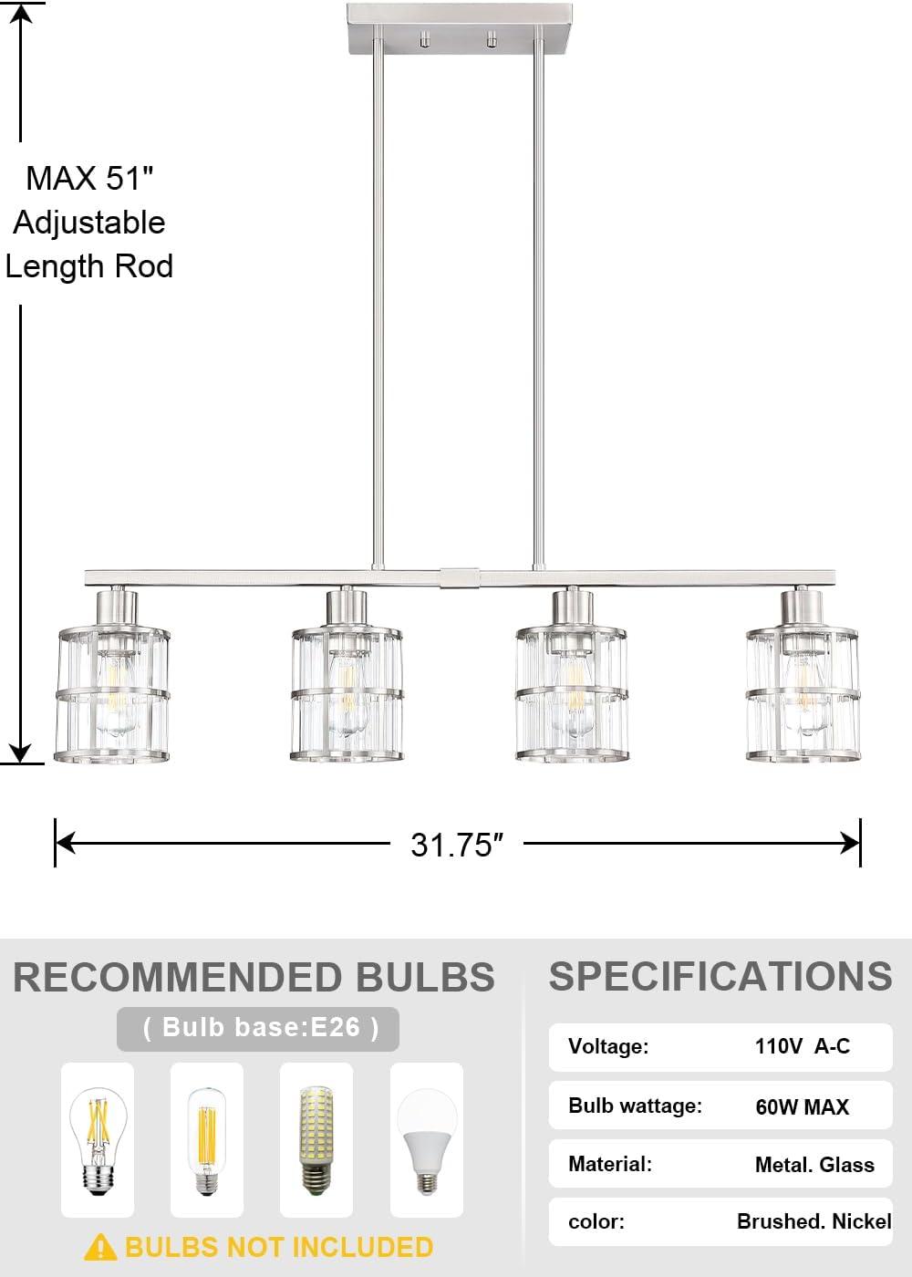 3-Light Pendant Lighting Clear Glass Pendant Lighting for Kitchen Island Brushed Nickel Hanging Light Fixture Pendant Light Dining Room Chandelier Farmhouse