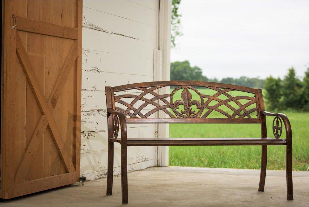 Leigh Country Outdoor Metal Patio Bench with Fleur-De-Lis - Bronze