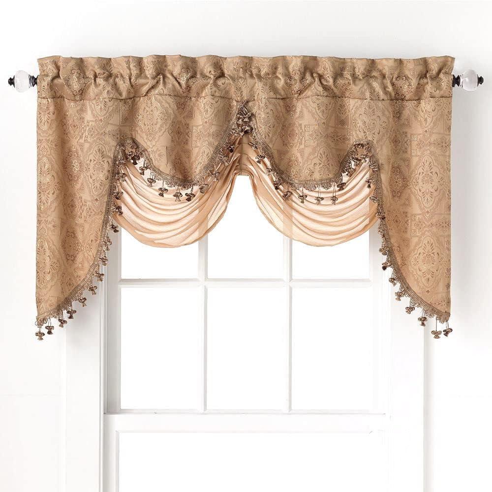 Kate Aurora Georgina Ultra Luxurious Raised Jacquard And Fringed Trimmed Austrian Window Valance - 52 in. W x 28 in. L, Gold