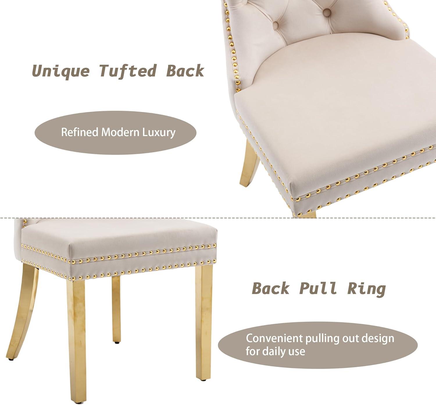 Beige Velvet Upholstered Dining Chairs with Gold Metal Legs, Set of 2