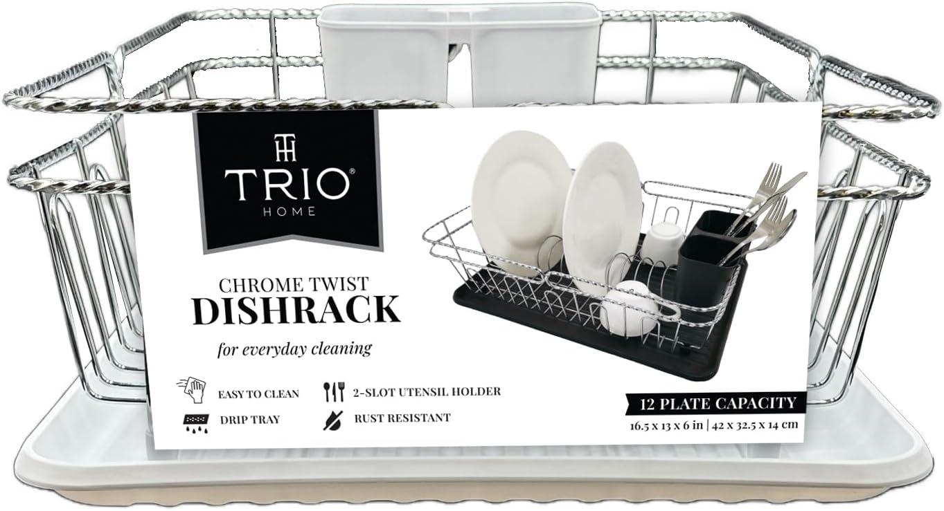 Trio Home Stainless Twist Design 3-Piece Dish Drying Drainer Rack, Removable Utensil Holder and Drainboard - Black/Black Twist