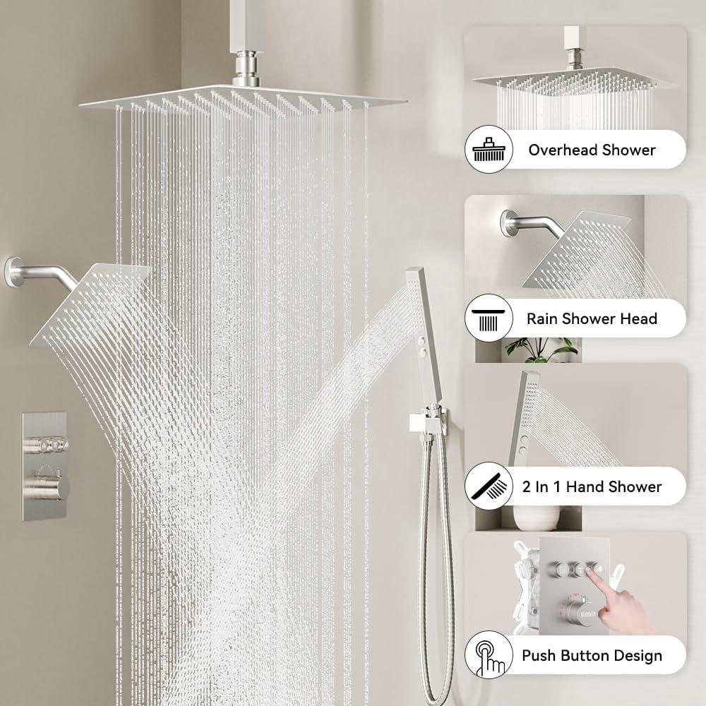 Revitalize 3-Function 12 Inch Wall Mount Rainfall Thermostatic Shower System with 6 Body Jets