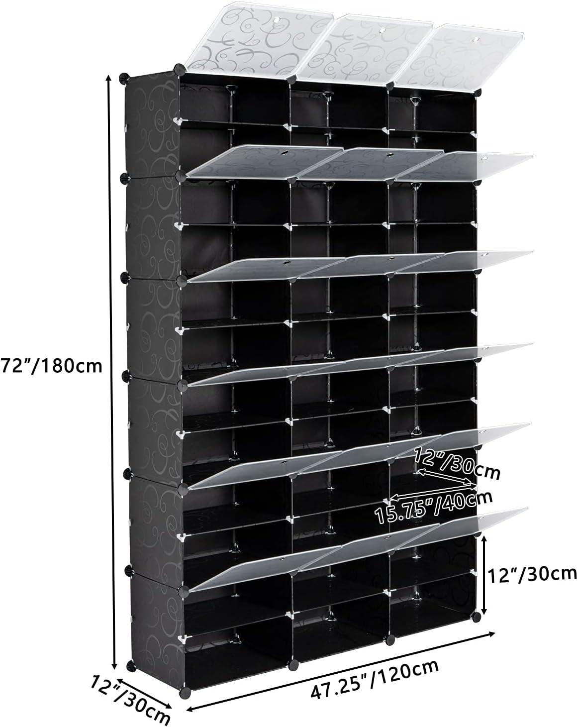 12-Tier Portable Shoe Rack Organizer,72 Pair Covered Shoe Storage Shelves Rack,36 Grids Tower Shelf Expandable Free Standing Storage Stackable Space forHeels,Boots,Slippers,Black