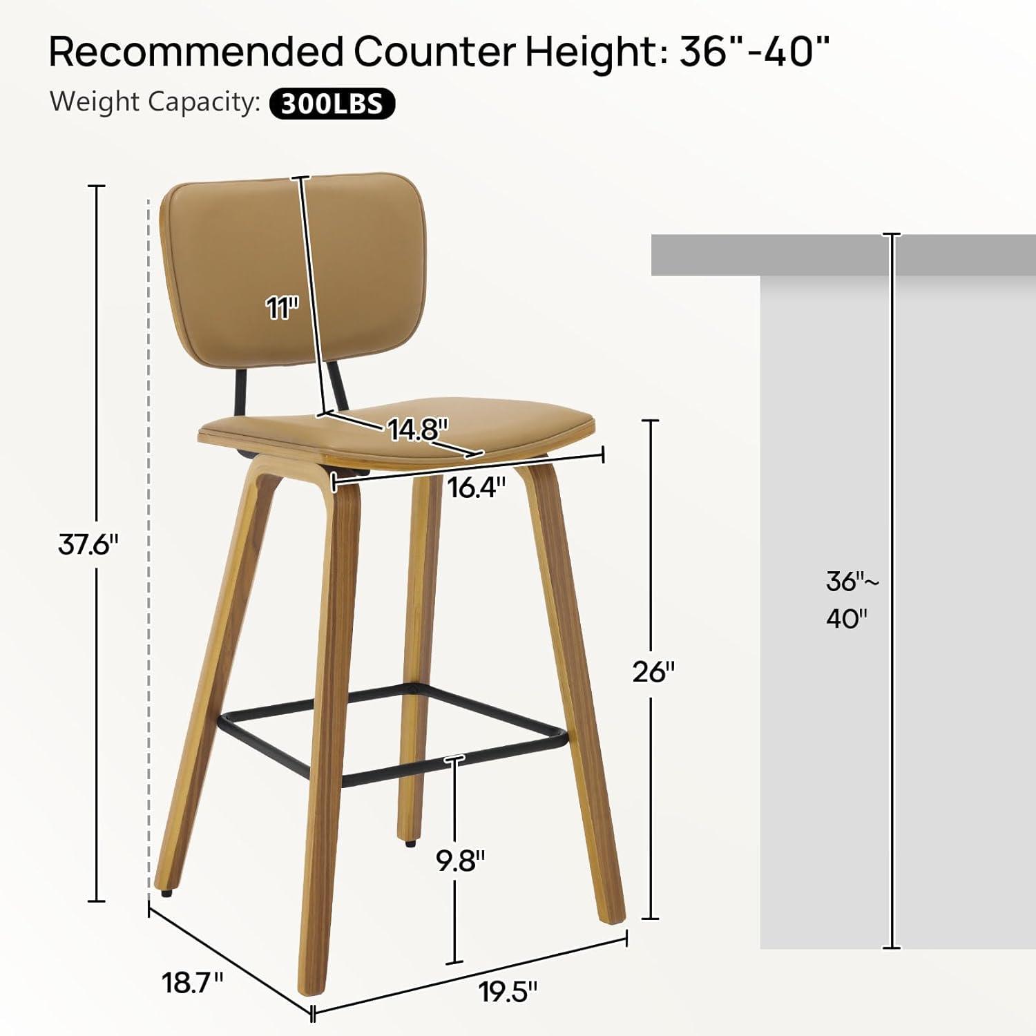 Counter Height Bar Stools, Set of 2, 26" Seat Height with PU Back Bent Wood Legs, Mid Century Modern Wooden Stool Leather Upholstered Bar Chair for Kitchen Island Dining Room