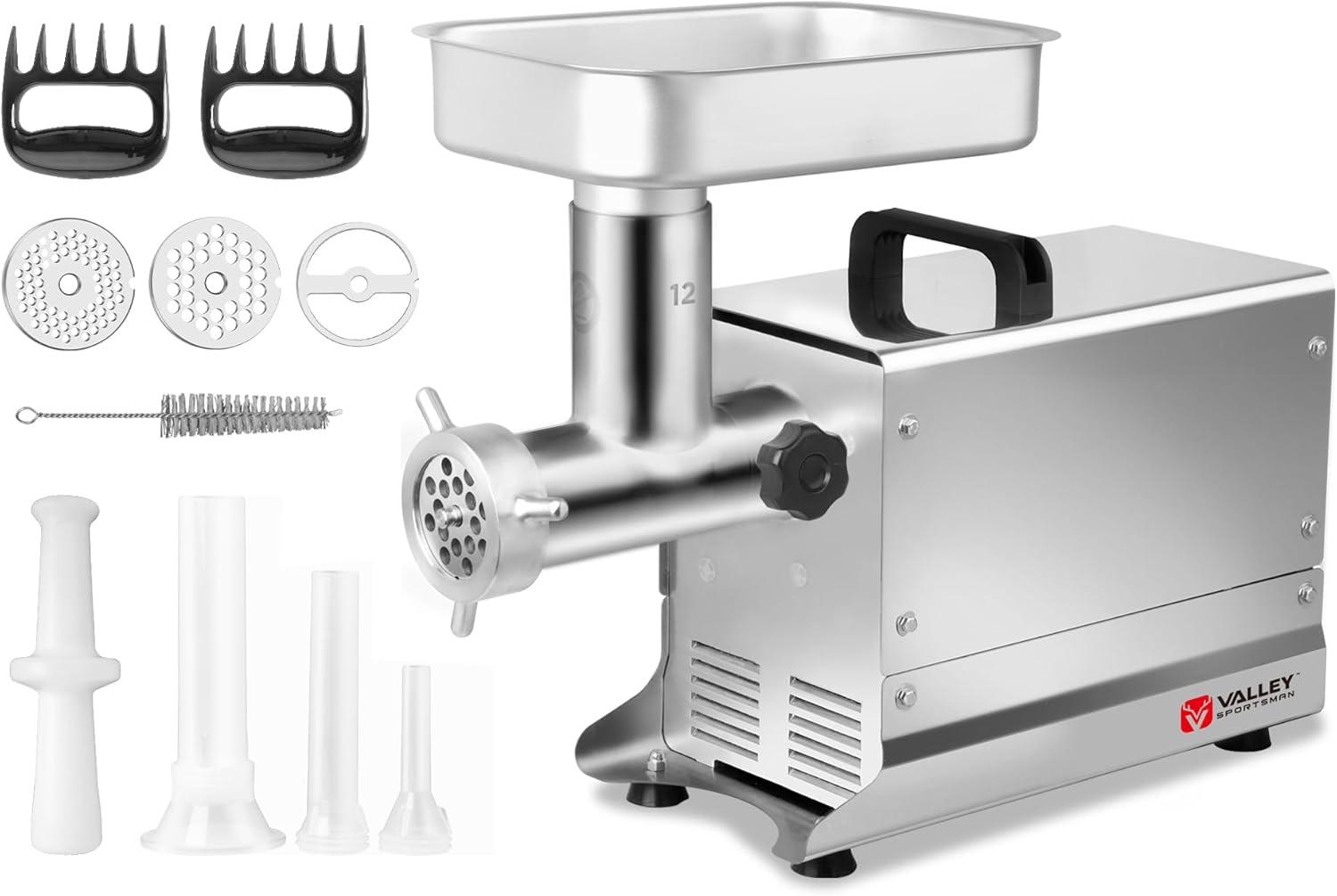 Valley Sportsman #12 Electric Commercial Meat Grinder, 3/4 HP 550W Heavy Duty Stainless Steel Industrial Meat Mincer for Commercial and Industrial Use