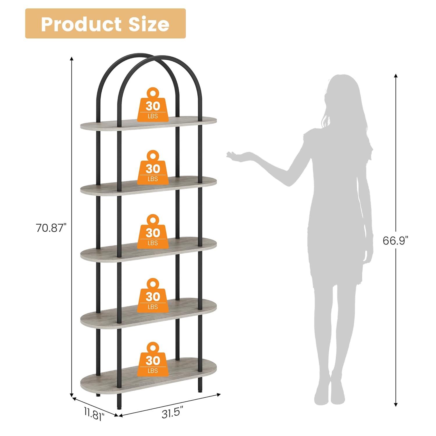 Black and Retro Five-Tier Arched Metal and Wood Bookshelf